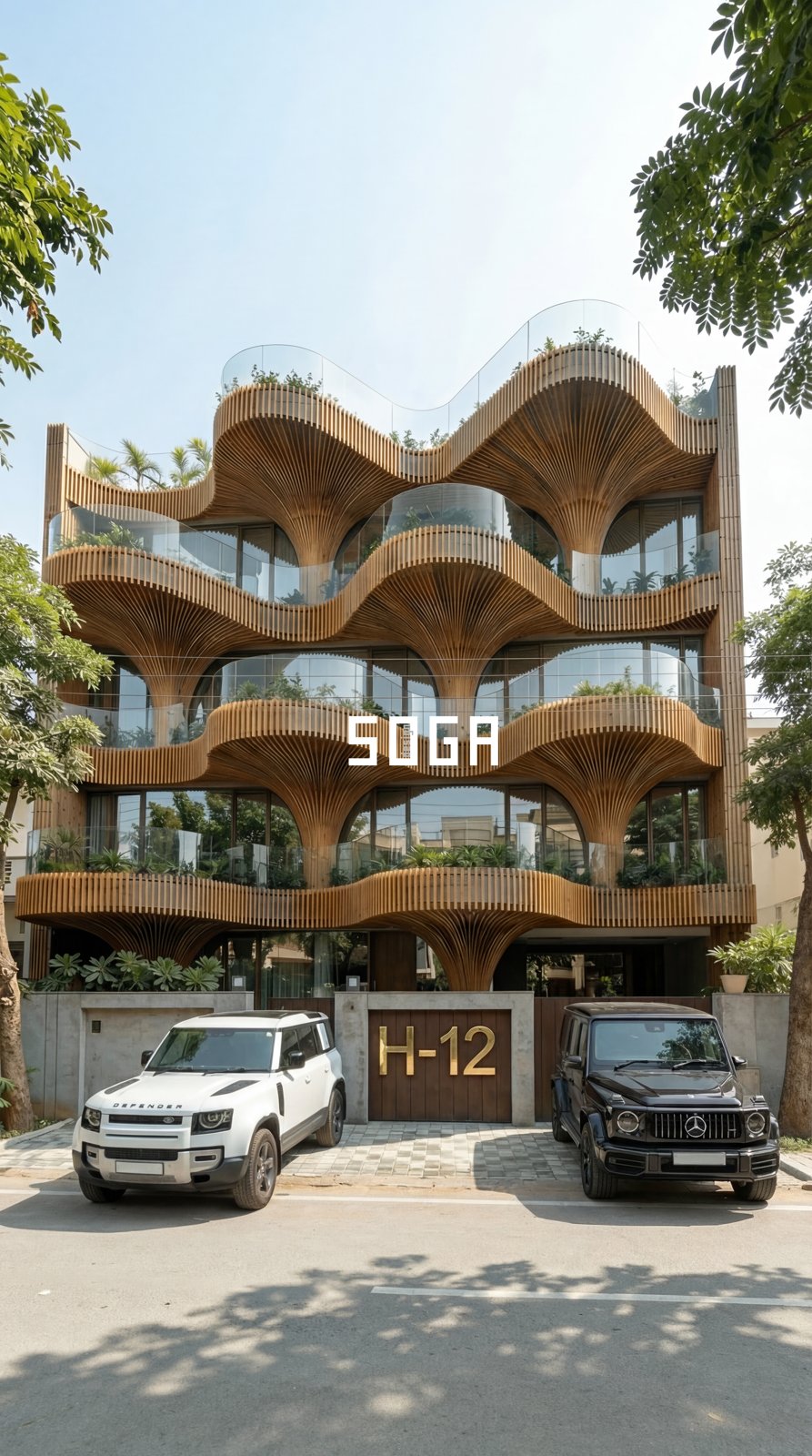 G+3 & G+4 Elevation Design India 2026: 8 Modern Facades 3 Wood-shade fluted fan-column facade with wavy balcony edges on a G+4 house elevation in India