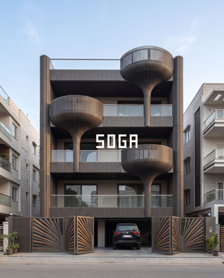 G+3 & G+4 Elevation Design India 2026: 8 Modern Facades 2 Dark fluted fin facade with drum-shaped balcony pods on a G+3 house elevation in India
