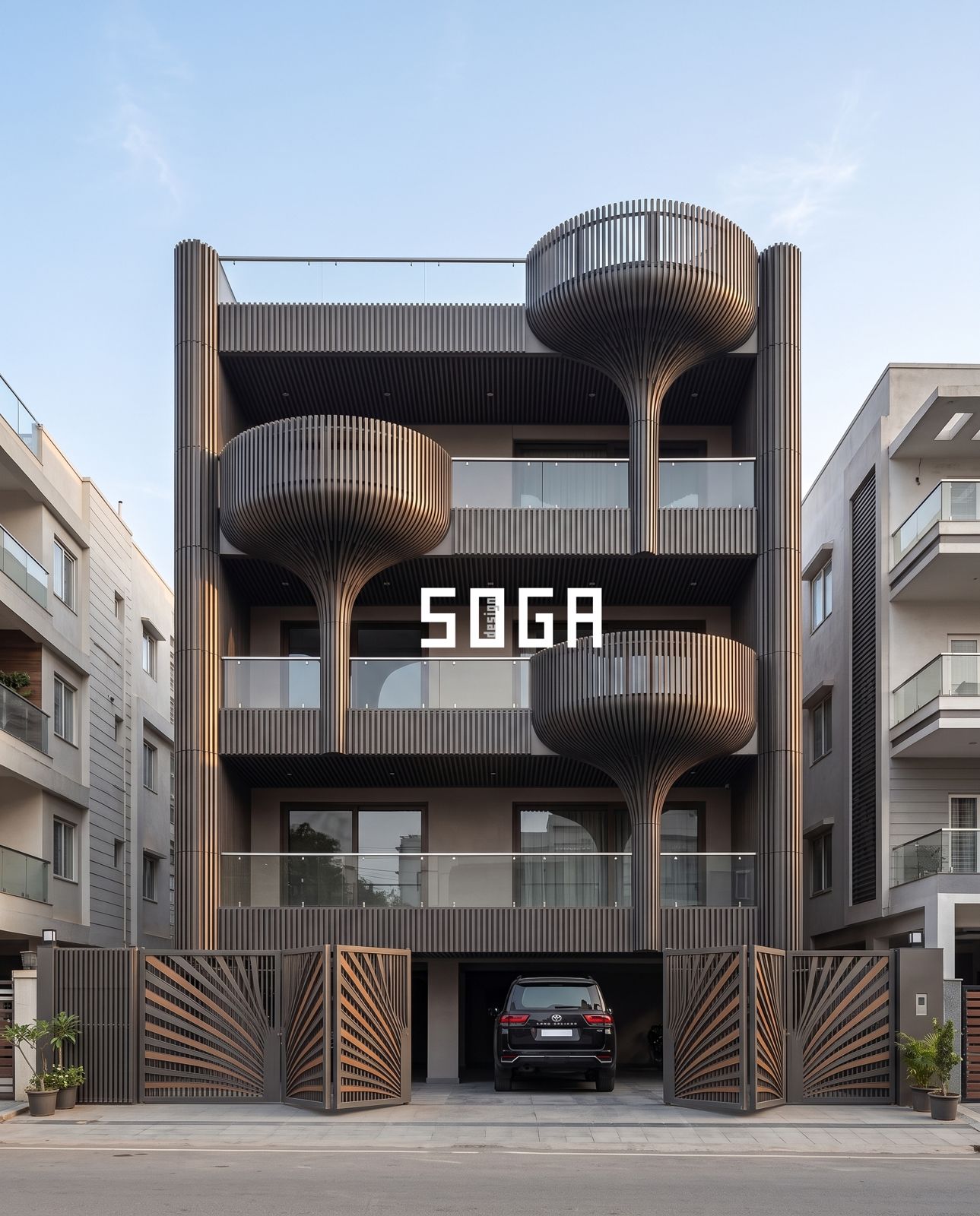 G+3 & G+4 Elevation Design India 2026: 8 Modern Facades 2 Dark fluted fin facade with drum-shaped balcony pods on a G+3 house elevation in India