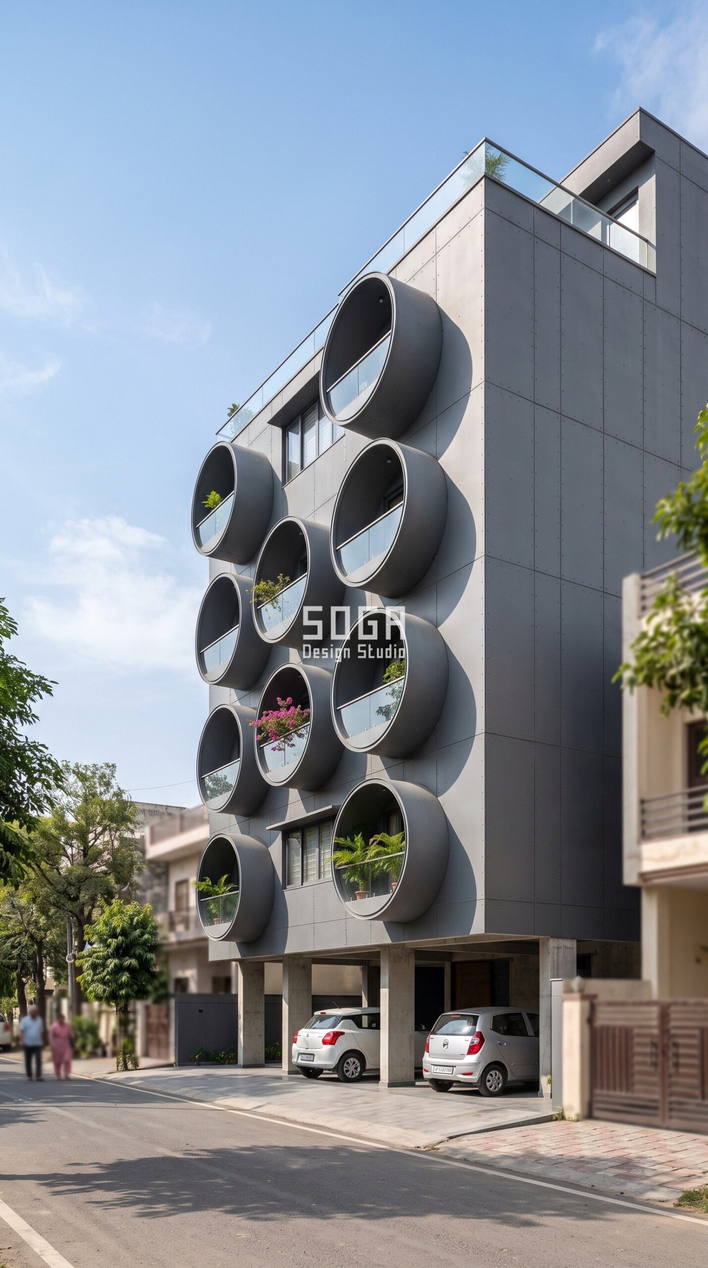 Modern Chajja Design India 2026: 4 Sunshade Elevations 8 Graphite grey circular balcony drums shading a G+5 house elevation in Amritsar - SOGA Design Studio