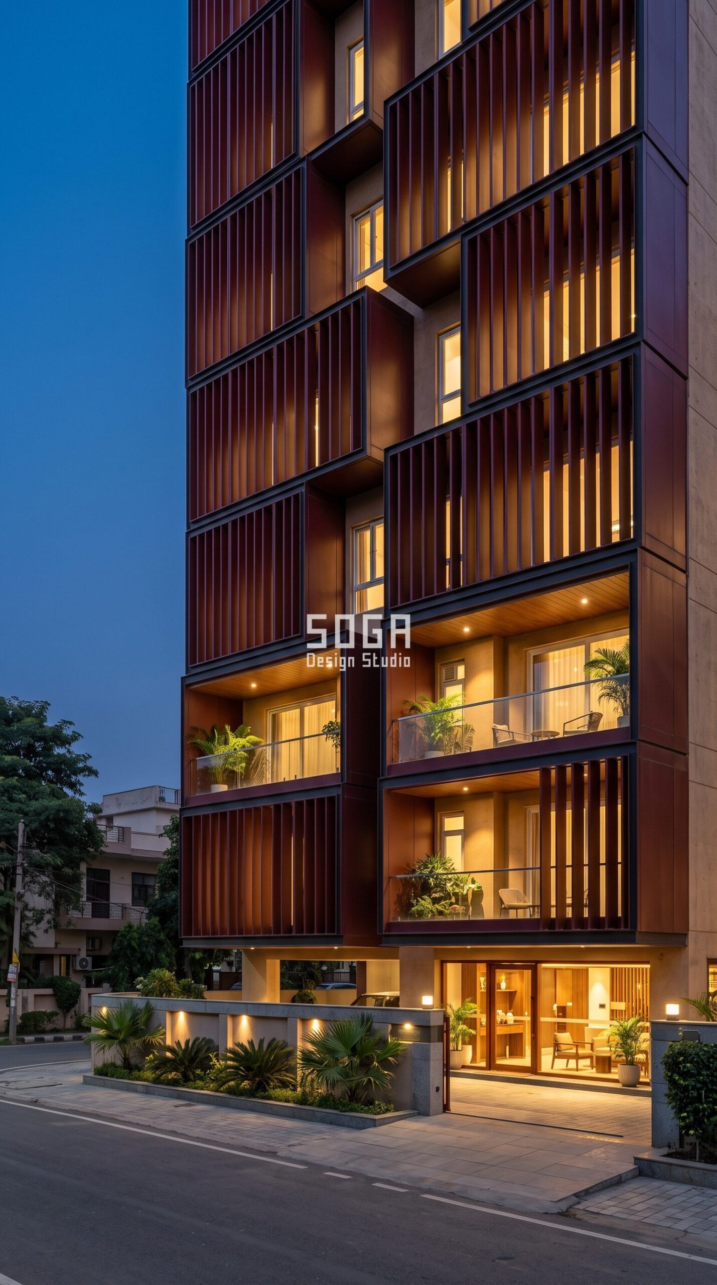 Parametric Corbel Grid ral 3005 wine red steel facade, Gurugram - SOGA Design Studio