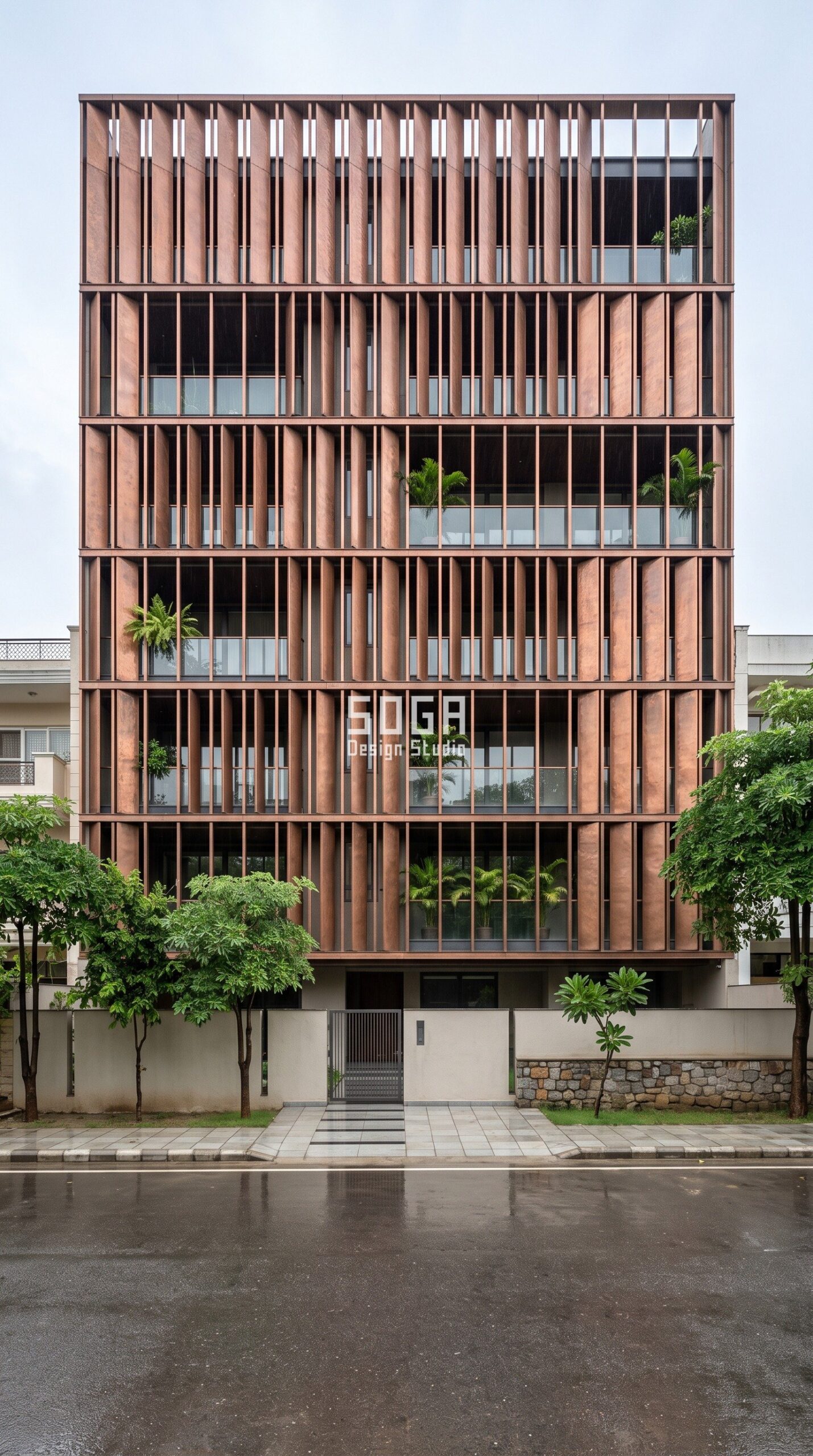 Parametric Pivot Weave hand-hammered antique copper facade, Indore - SOGA Design Studio