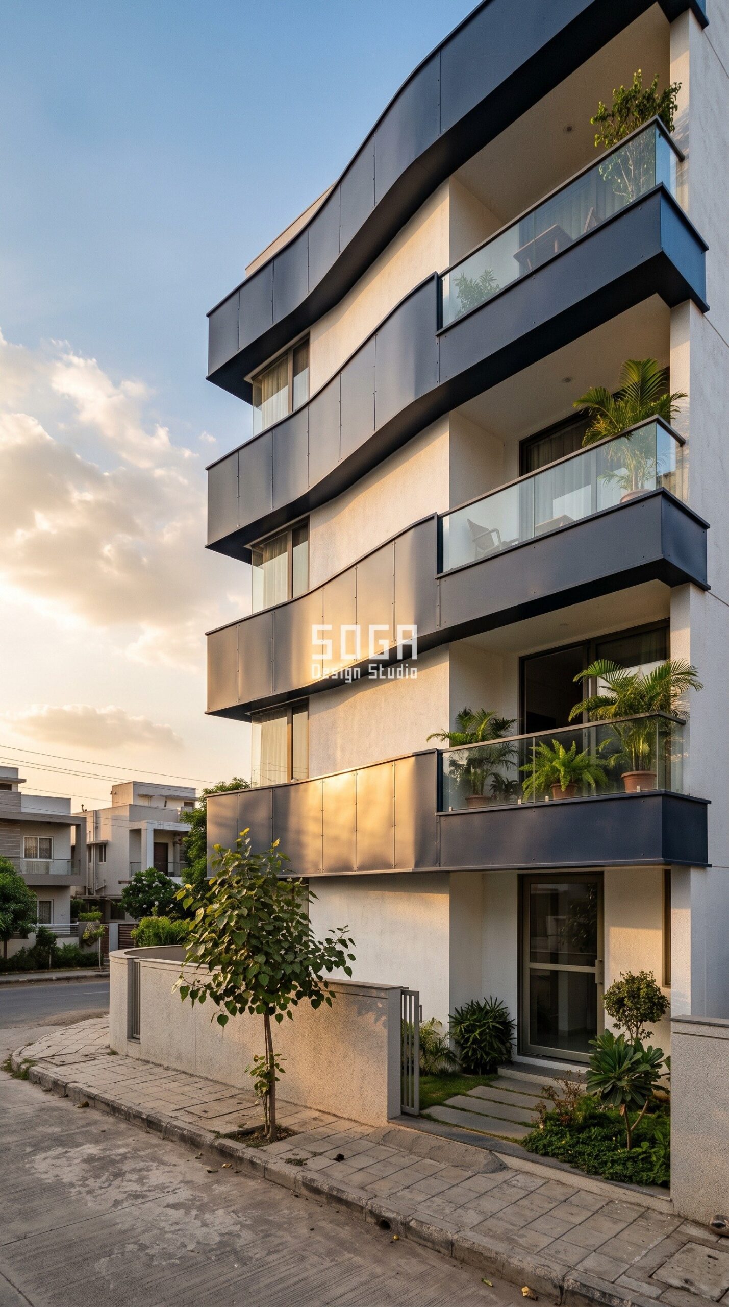 Parametric Awning Shell ral 5004 black blue steel facade, Vadodara - SOGA Design Studio