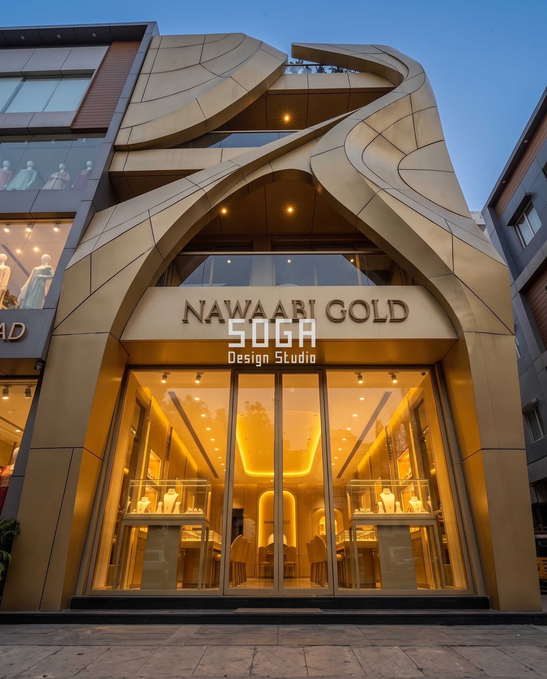 Nawaabi Gold: A Jewellery Showroom Facade Folded and Curved Like Hand-Worked Gold 1 Nawaabi Gold jewellery showroom facade at dusk, folded champagne-gold metal arch entrance - SOGA Design Studio