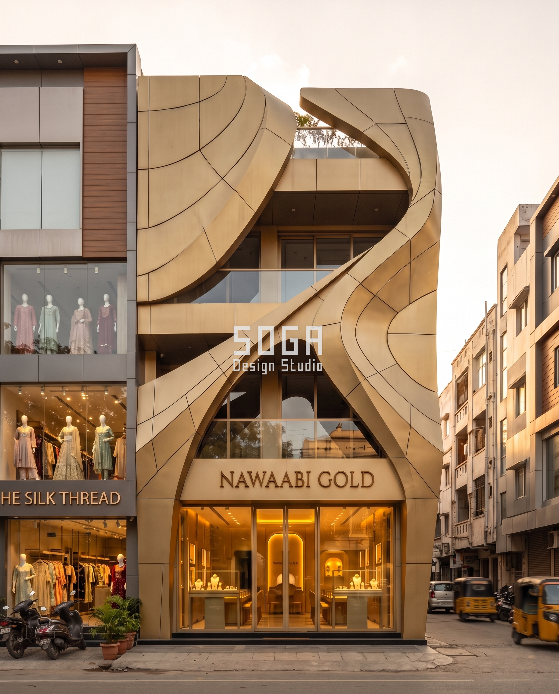 Nawaabi Gold: A Jewellery Showroom Facade Folded and Curved Like Hand-Worked Gold 1 nawaabi gold facade soga 02