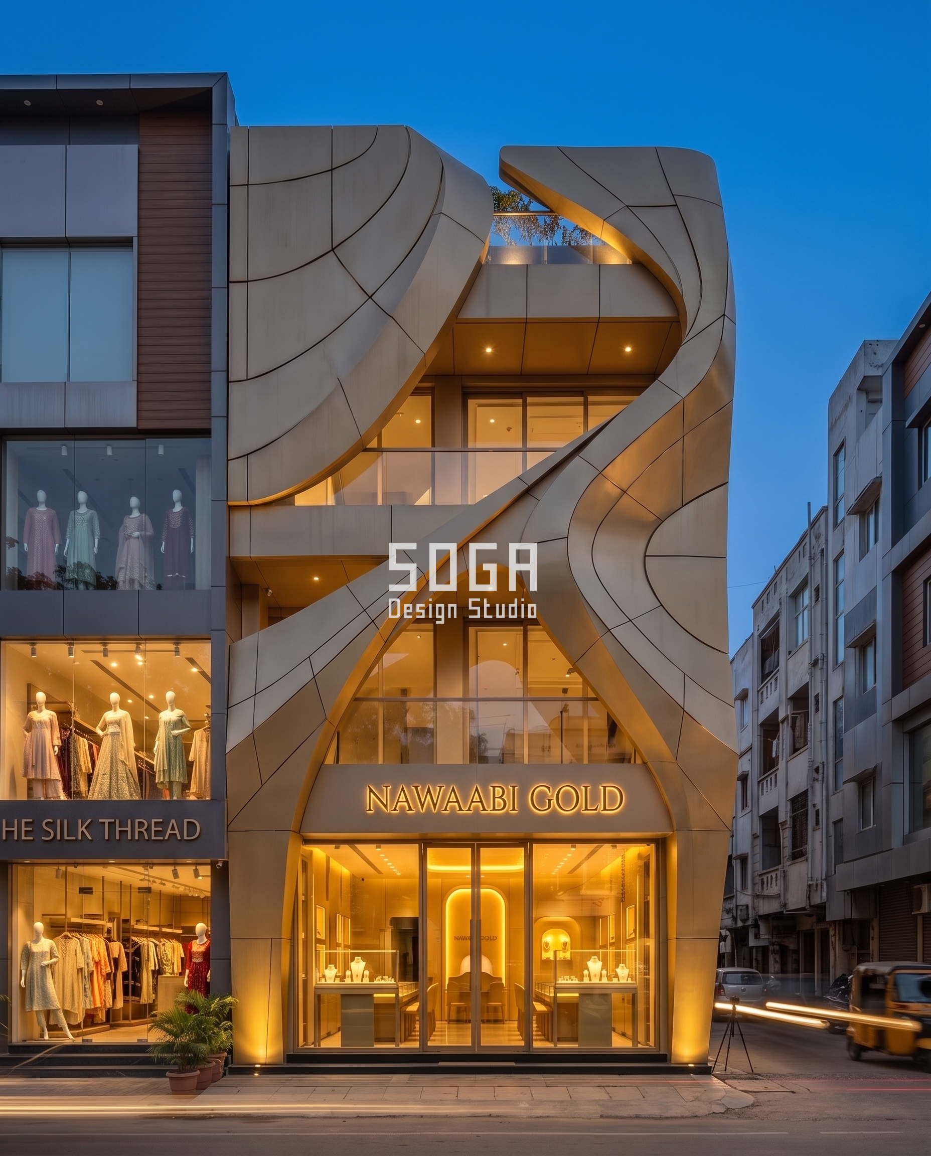 Nawaabi Gold: A Jewellery Showroom Facade Folded and Curved Like Hand-Worked Gold 3 Twilight view of the Nawaabi Gold parametric metal facade with glowing interior jewellery displays - SOGA Design Studio