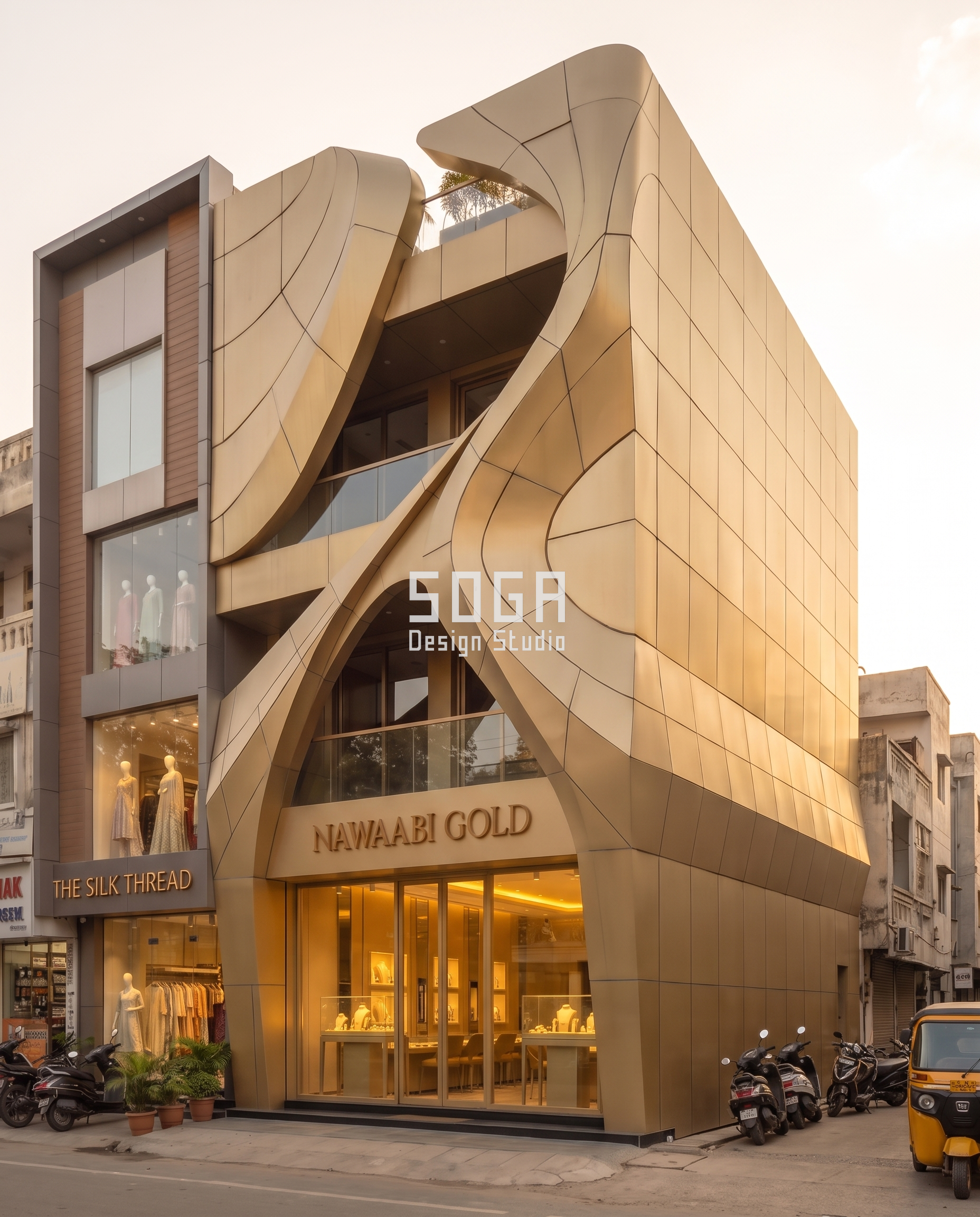 Nawaabi Gold: A Jewellery Showroom Facade Folded and Curved Like Hand-Worked Gold 4 Corner view of the Nawaabi Gold showroom facade in warm champagne-gold soft matte finish - SOGA Design Studio