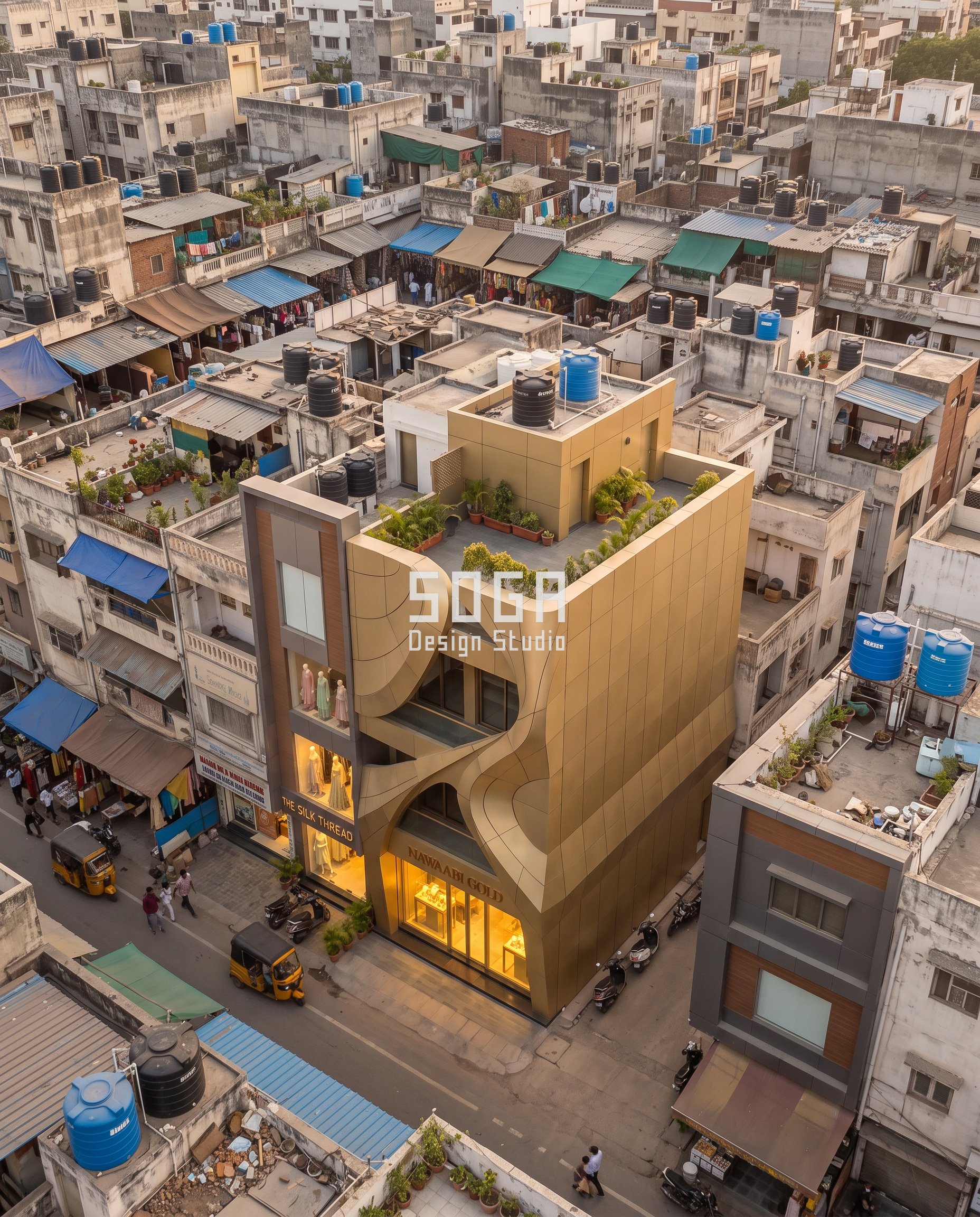 Nawaabi Gold: A Jewellery Showroom Facade Folded and Curved Like Hand-Worked Gold 5 Aerial view of the Nawaabi Gold showroom facade rising above a dense Indian market streetscape - SOGA Design Studio