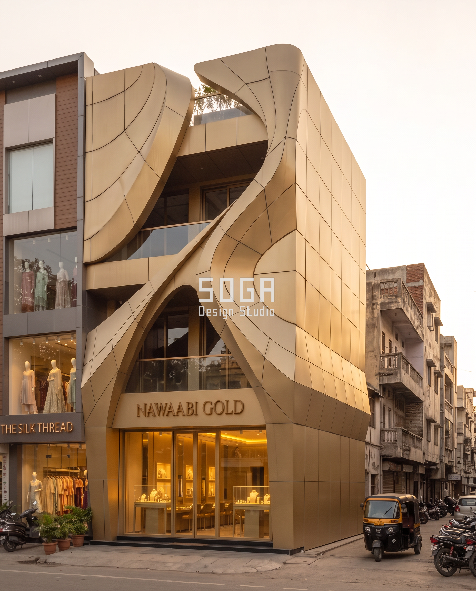 Nawaabi Gold: A Jewellery Showroom Facade Folded and Curved Like Hand-Worked Gold 8 Three-quarter view of the Nawaabi Gold facade showing the full folded, curved metal sheet form - SOGA Design Studio