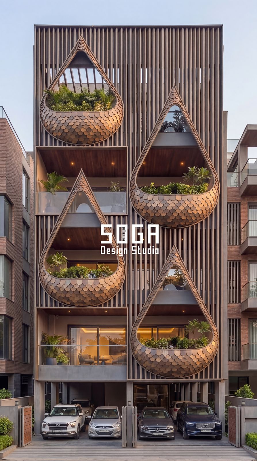 G+3 & G+4 Elevation Design India 2026: 8 Modern Facades 5 Teardrop planter pods clad in metal scales set into a wood-fin screen, G+4 house elevation India