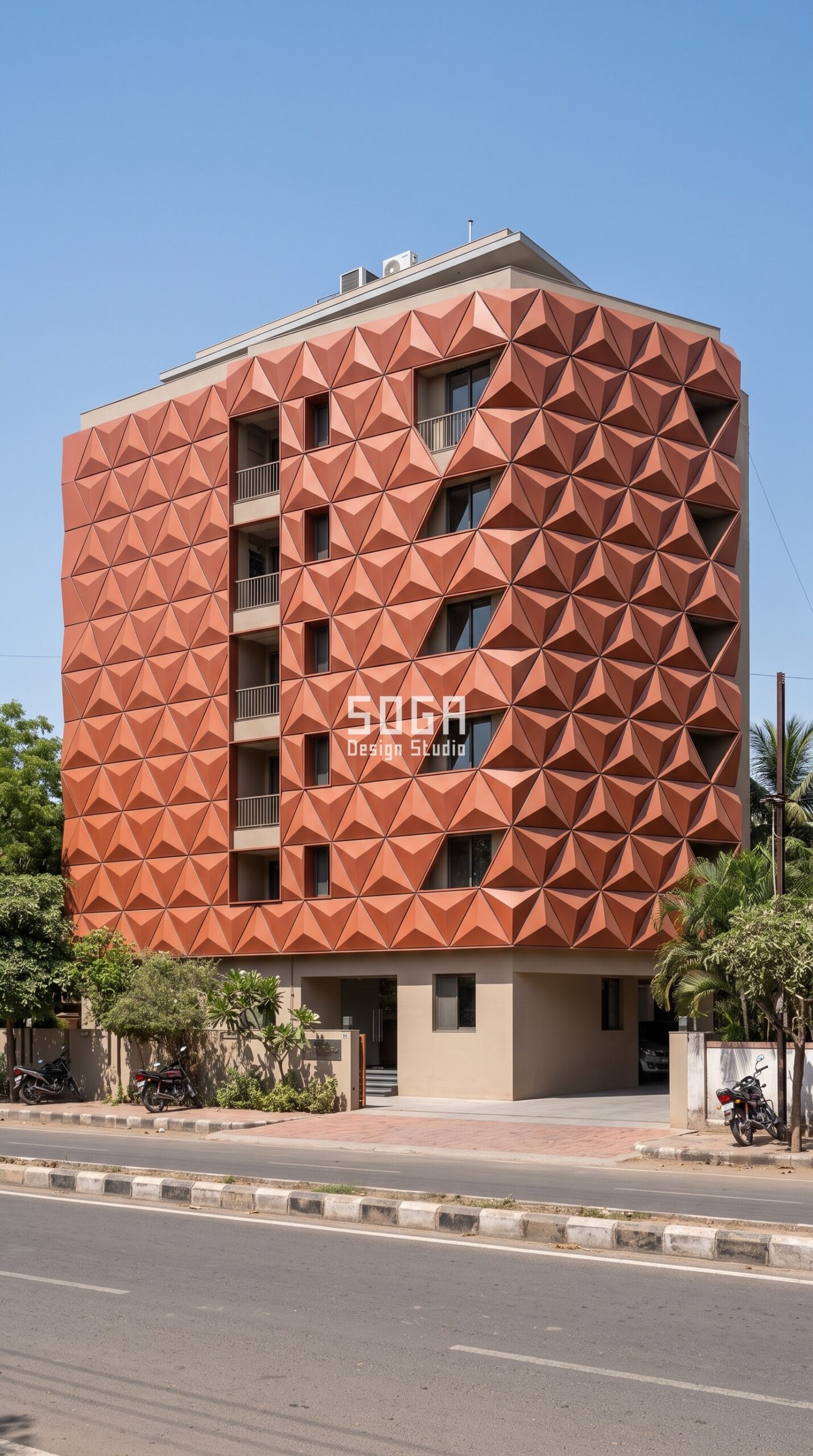 3D Parametric Facade Panels: Design & Cost India 2026 4 Parametric Bloom Facet terracotta triangular 3D facade panels Ahmedabad - SOGA Design Studio