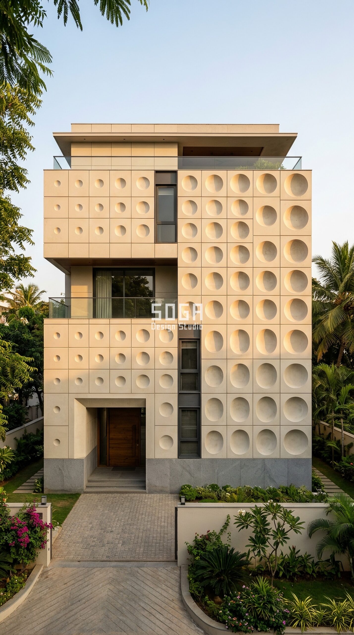 3D Parametric Facade Panels: Design & Cost India 2026 2 Parametric Dish Relief GFRC 3D facade panels Hyderabad villa - SOGA Design Studio