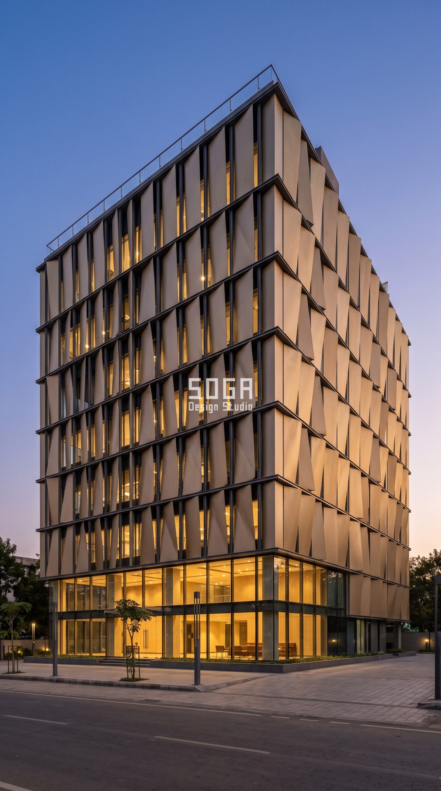 3D Parametric Facade Panels: Design & Cost India 2026 3 Parametric Wedge Panel champagne anodised 3D facade Pune office - SOGA Design Studio