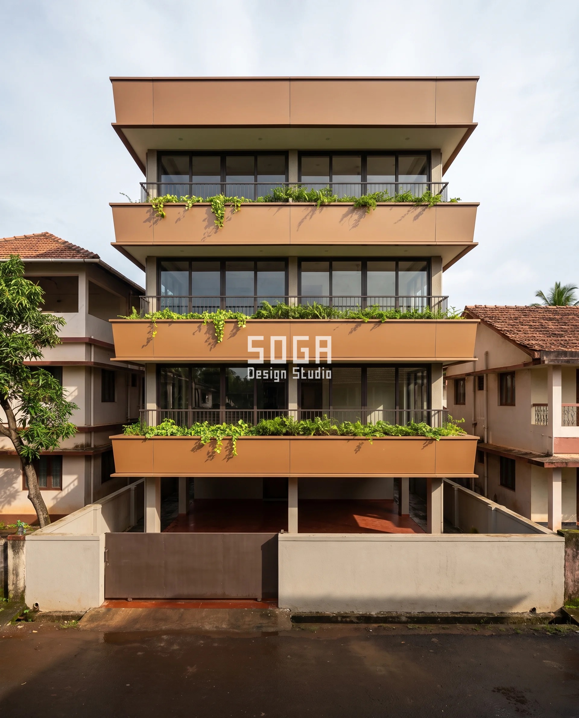 ACP Sheet Alternative For Elevation India: Section Not Sheet 2 Toffee-brown marine-grade aluminium parapet bands on a narrow G+3 house in Nachane, Ratnagiri, each band leaning further out floor by floor from dead plumb at the first floor to 26 degrees at the top.