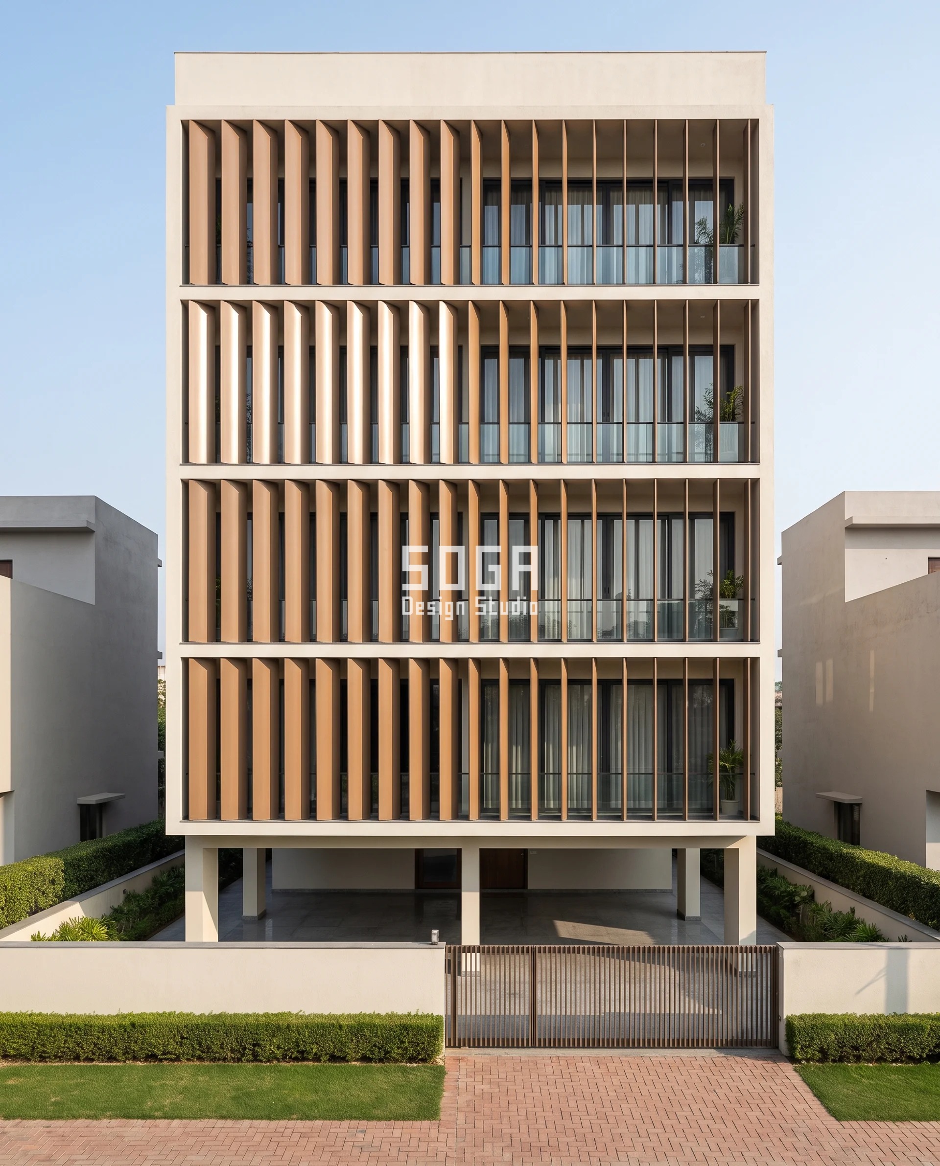 ACP Sheet Alternative For Elevation India: Section Not Sheet 4 Chikoo-brown roll-bent steel blades standing in front of the glass on a wide G+3 corner house in Betiahata, Gorakhpur, the plan bow growing from 0 mm at the right end of the rank to 260 mm at the left.