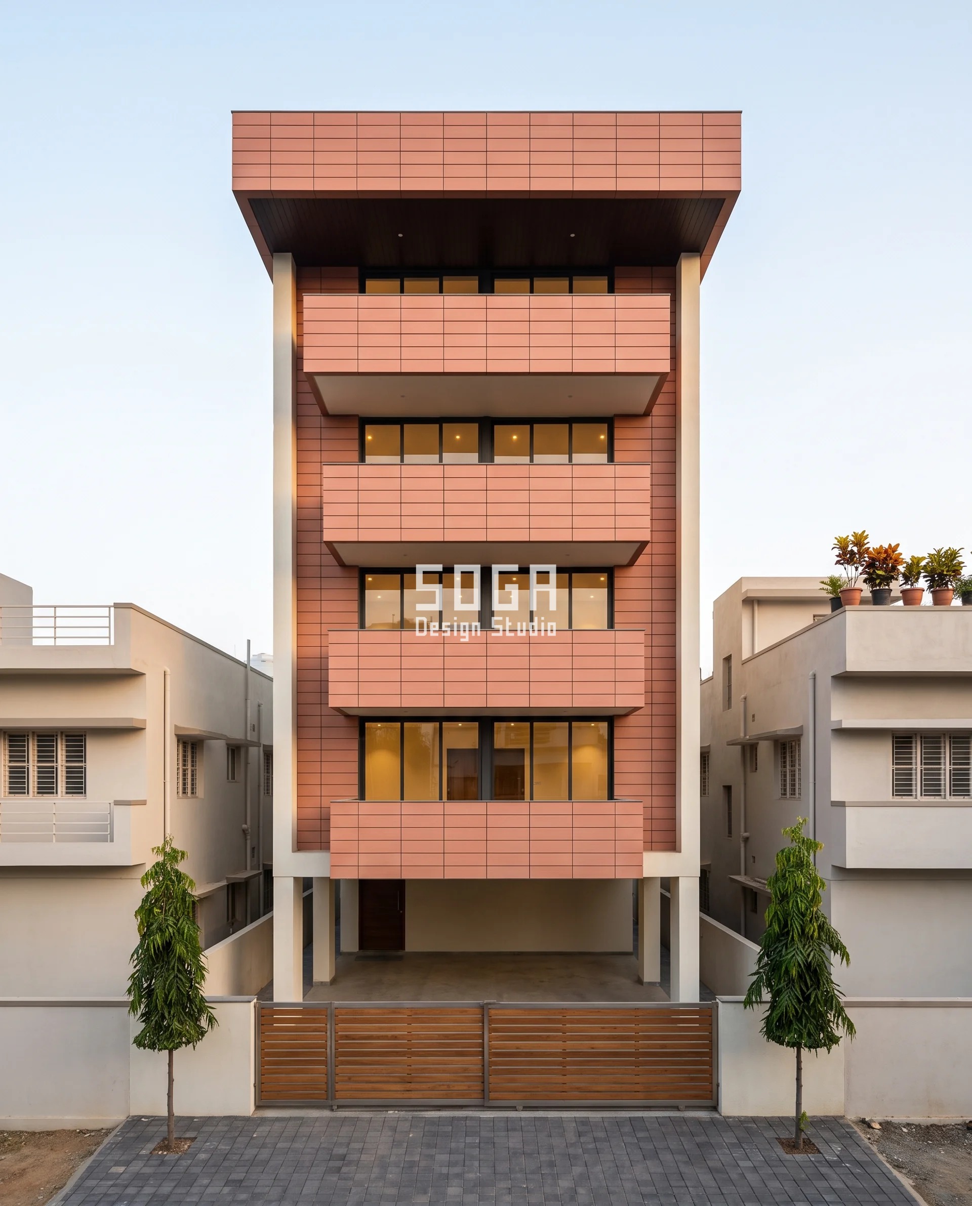 ACP Sheet Alternative For Elevation India: Section Not Sheet 3 Clay-pink glazed terracotta balcony trays stepping out from 450 mm to 1,650 mm up a G+5 residence in Upparahalli, Tumakuru - a rainscreen ACP sheet alternative for elevation india that is built as a cantilever rather than a cladding.