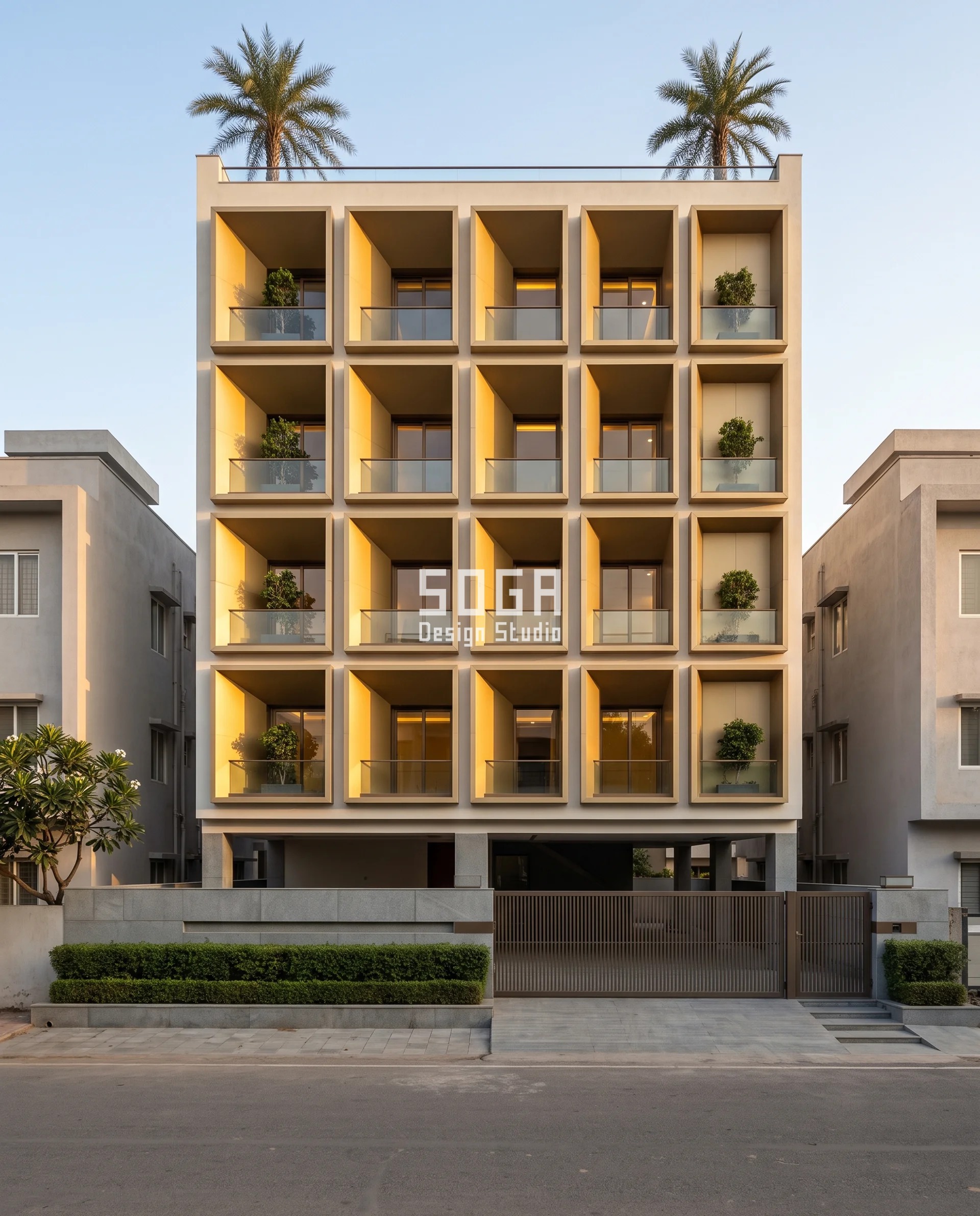 ACP Sheet Alternative For Elevation India: Section Not Sheet 1 Dune-gold aluminium honeycomb box coffers on a G+4 residence in Talwandi, Kota, the recess depth stepping 540 mm down to 110 mm across the frontage - an ACP sheet alternative for elevation India projects that is specified as depth, not as surface.