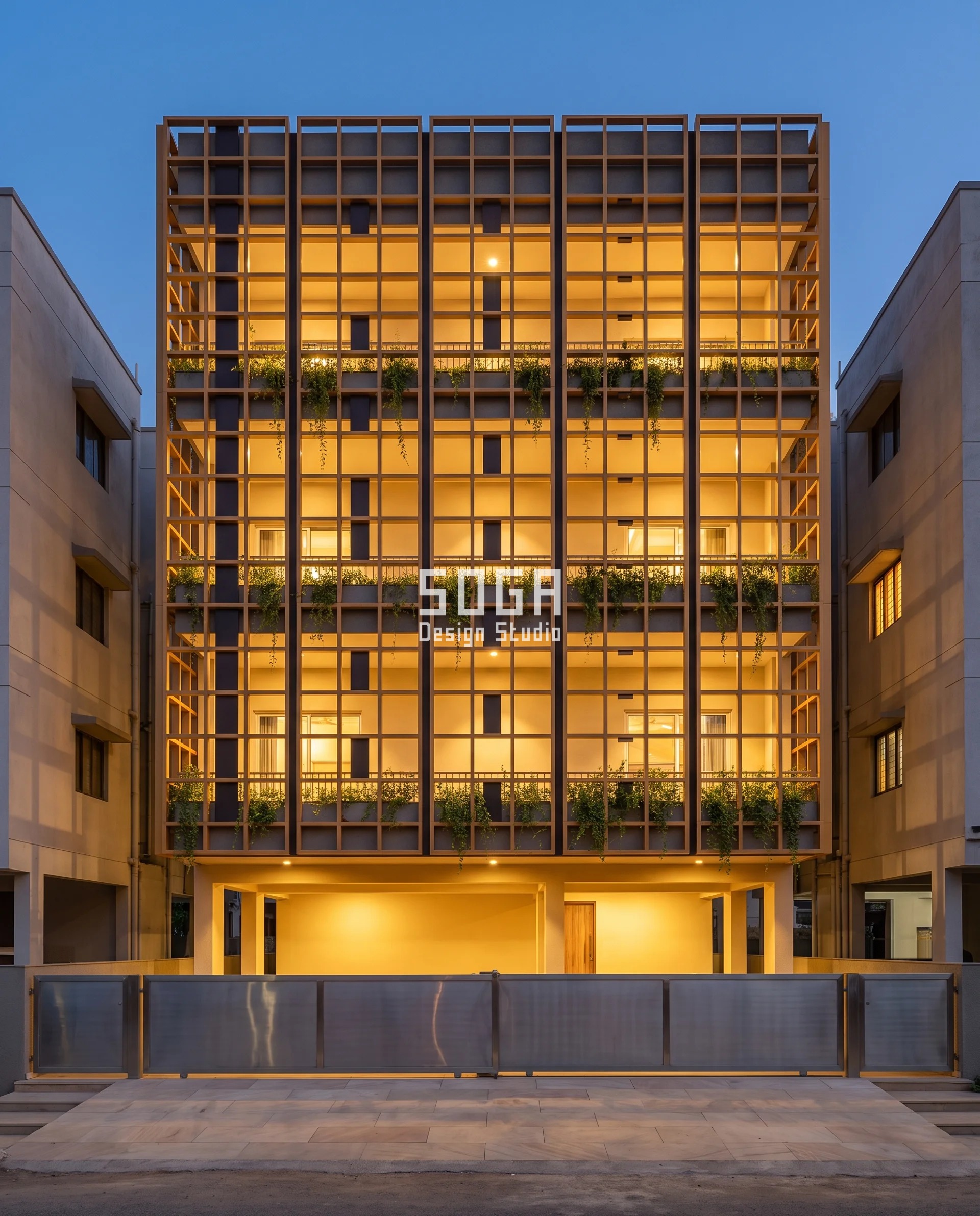 ACP Sheet Alternative For Elevation India: Section Not Sheet 5 Papaya-gold twin aluminium box-grid screens photographed at blue hour on a G+4 residence in Lunsikui, Navsari, the lit air gap between the two lattice planes widening from 60 mm to 260 mm bay by bay.