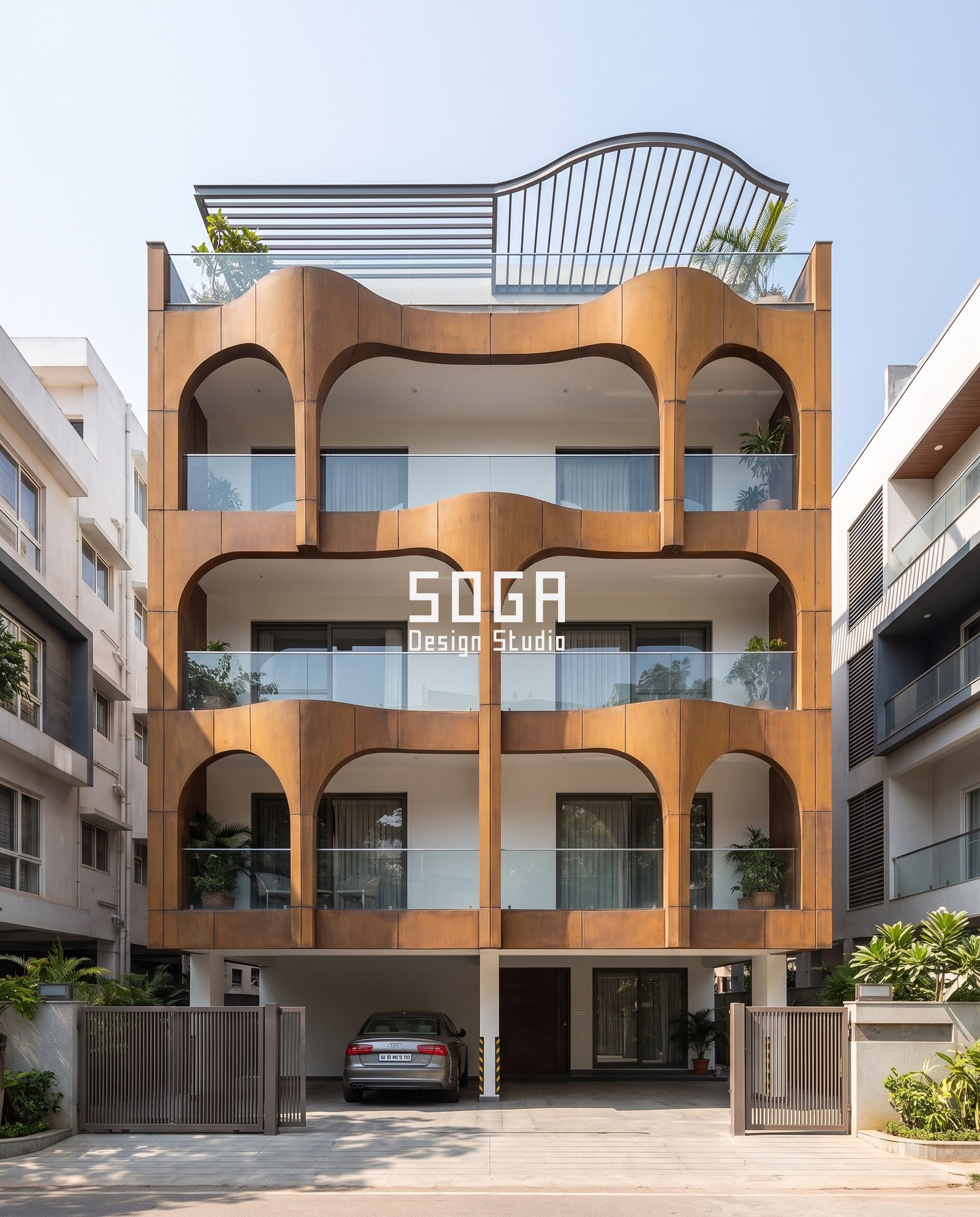 Facade Fabrication in India: 6 Built Projects 2026 3 Arched rust-tone metal facade bays with deep shading over three storeys - built residence in India - SOGA Design Studio