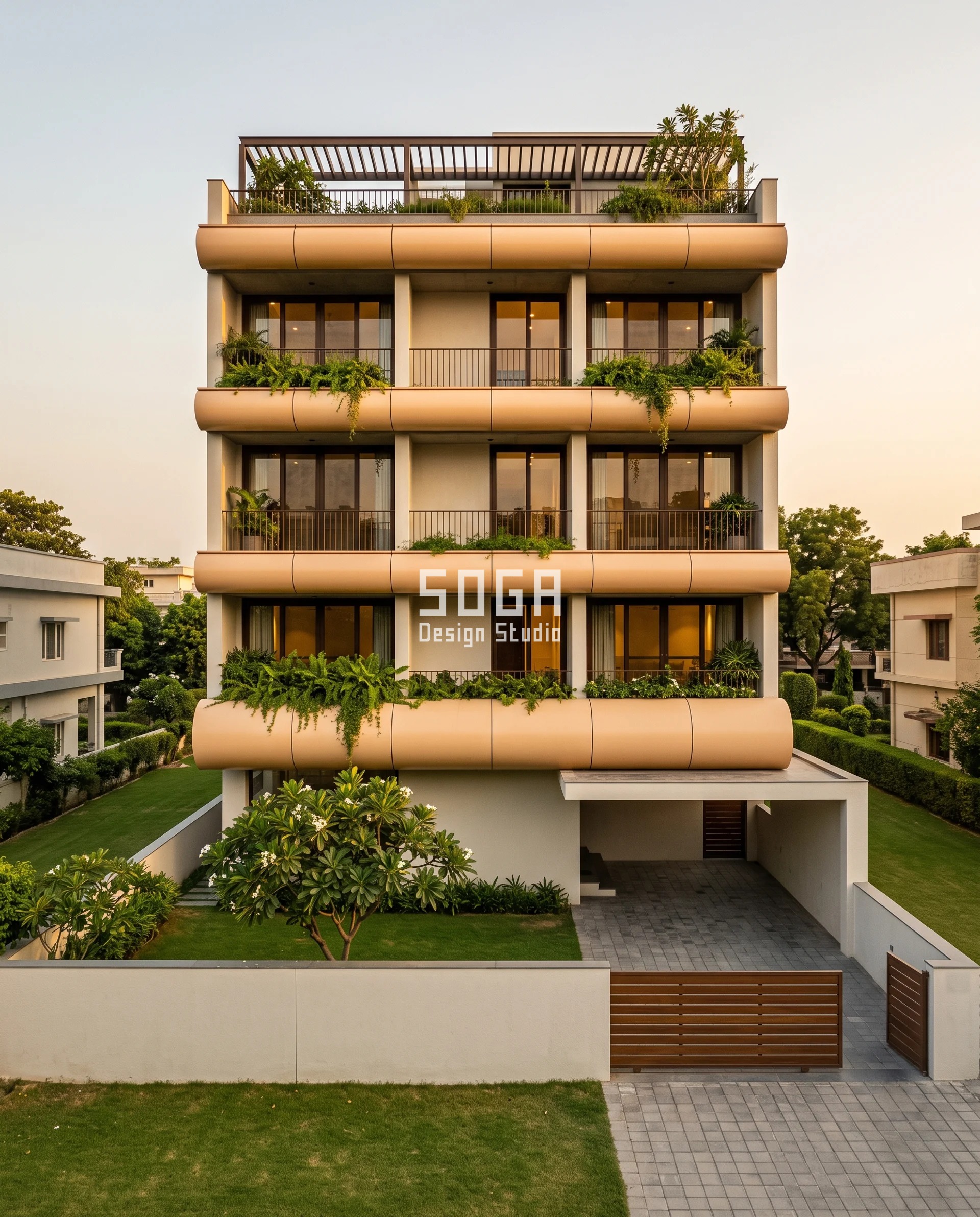 Pigeon Proof Balcony Without Net: Radius, Not Mesh 3 Full elevation of a G+3 Jalandhar residence whose four balcony courses end in rolled half-round aluminium noses, the fat lower roll and slimmer tubes above leaving no flat ledge and giving a pigeon proof balcony without net.
