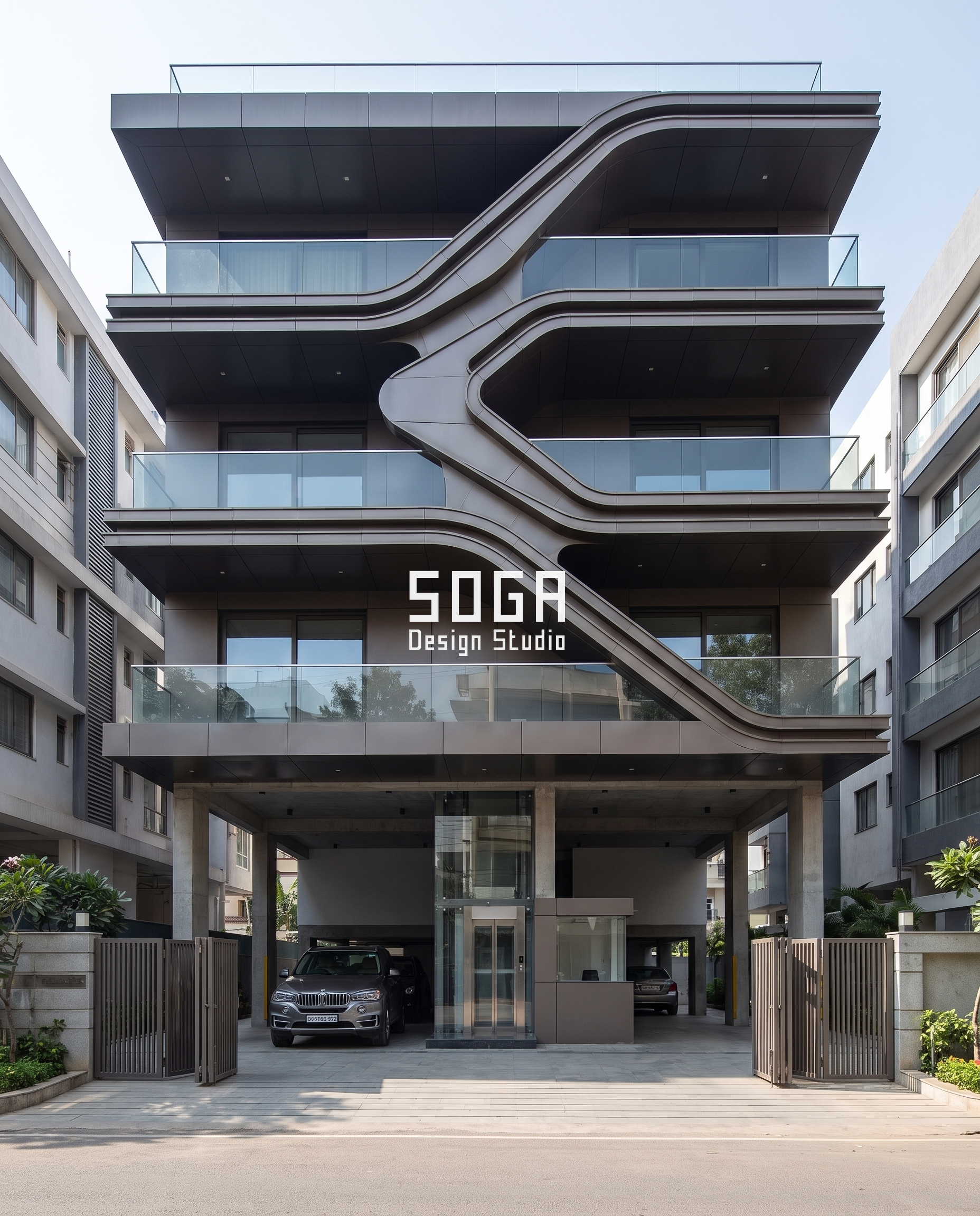 Balcony Facade Design India 2026: Ideas, Cost & Details 5 Bronze looping ribbon balcony facade forming a double-height pocket - SOGA Design Studio