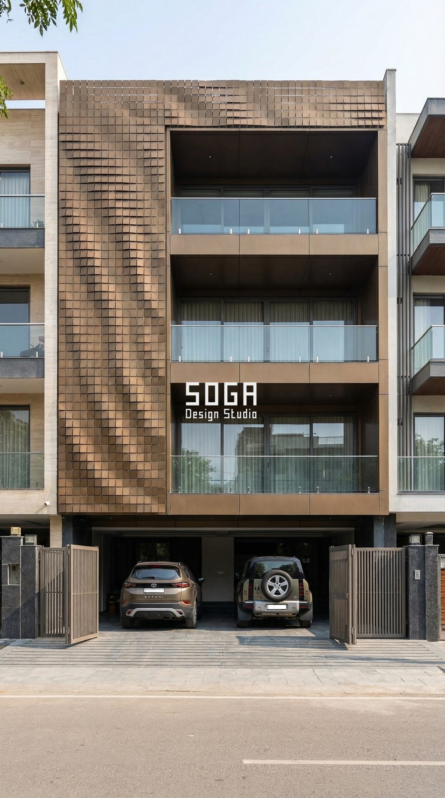 Facade Fabrication in India: 6 Built Projects 2026 4 Bronze pixelated block facade screen creating a shadow pattern on a blank party wall - built residence in India - SOGA Design Studio