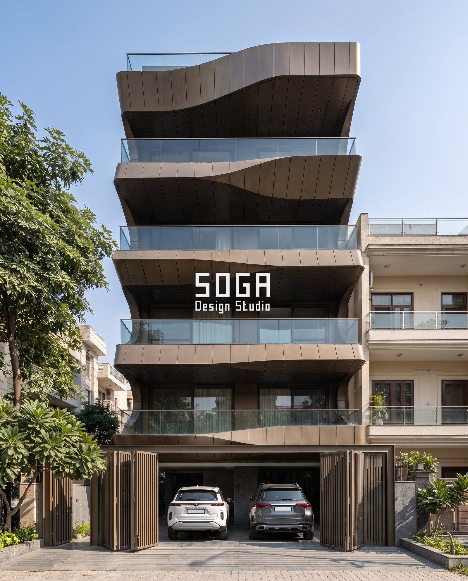 Facade Fabrication in India: 6 Built Projects 2026 5 Bronze wave band balcony facade with a different wave profile on each of five floors - built residence in India - SOGA Design Studio