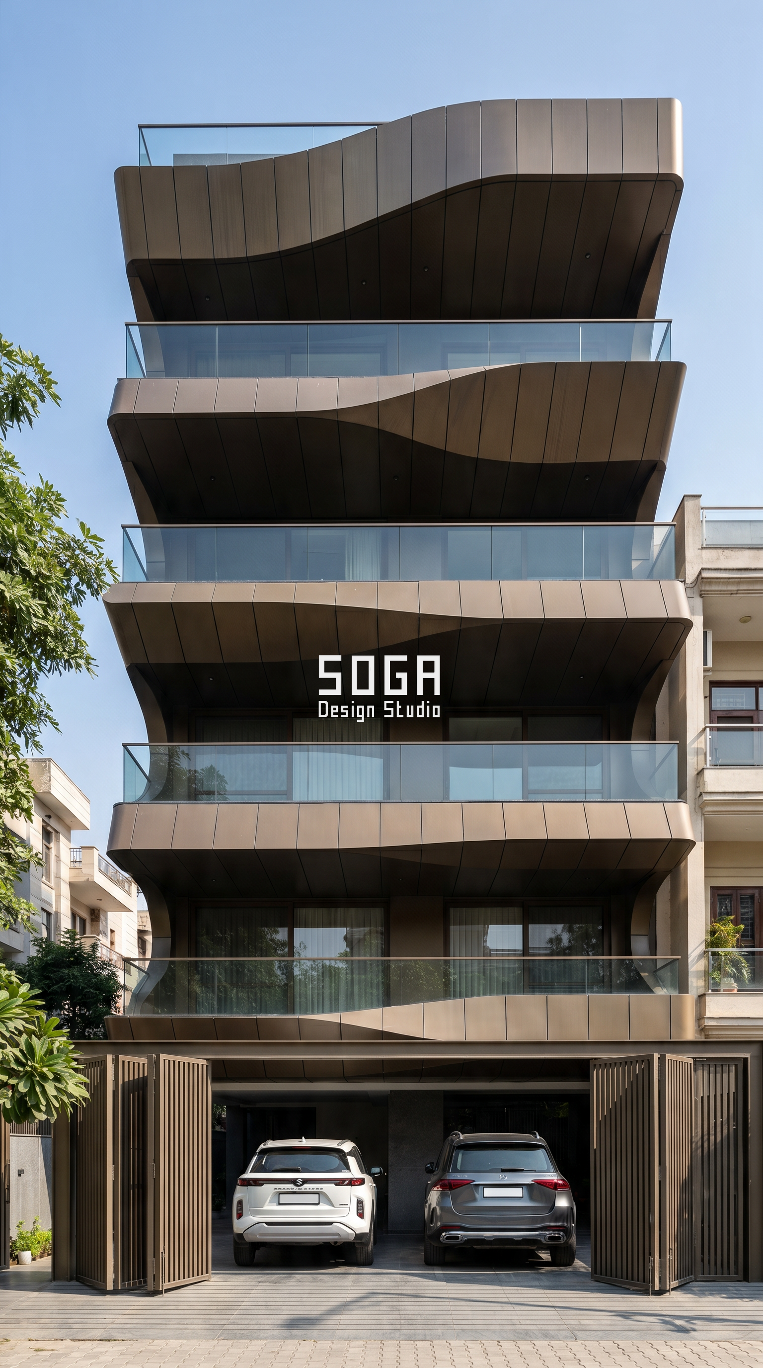 Balcony Facade Design India 2026: Ideas, Cost & Details 6 Bronze wave slab-edge balcony bands giving every floor a different balcony - SOGA Design Studio