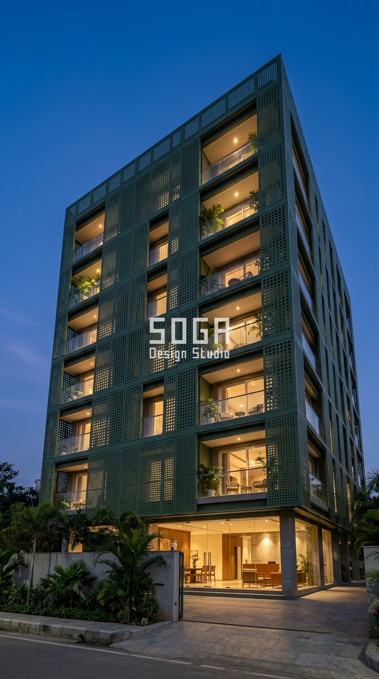 Builder Floor Elevation Design: Delhi NCR & India 2026 Guide 3 Parametric Mantle Screen forest green facade, Madhapur, Hyderabad - SOGA Design Studio