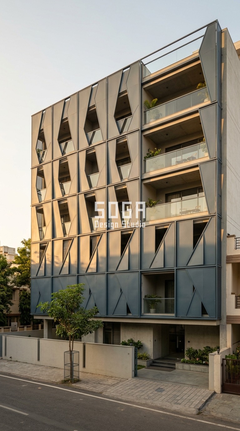 Builder Floor Elevation Design: Delhi NCR & India 2026 Guide 2 Parametric Warp Weave ral 5008 slate grey blue steel facade, Vijay Nagar, Indore - SOGA Design Studio