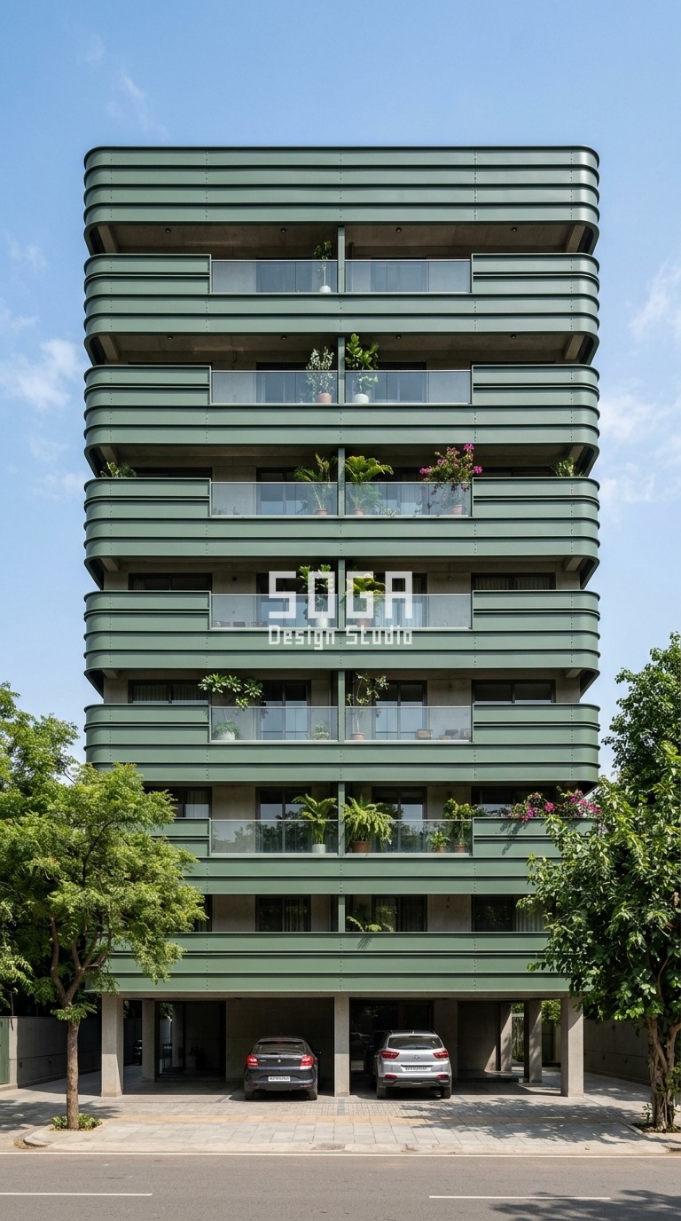 Builder floor elevation design in New Delhi - Parametric Furrow Shell bent-steel band facade on a G+7 residence by SOGA Design Studio