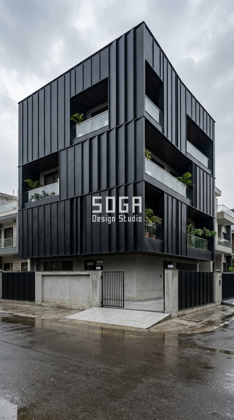 Builder Floor Elevation Design: Delhi NCR & India 2026 Guide 4 Parametric Rivulet Pulse ral 9005 jet black steel facade, Noida - SOGA Design Studio