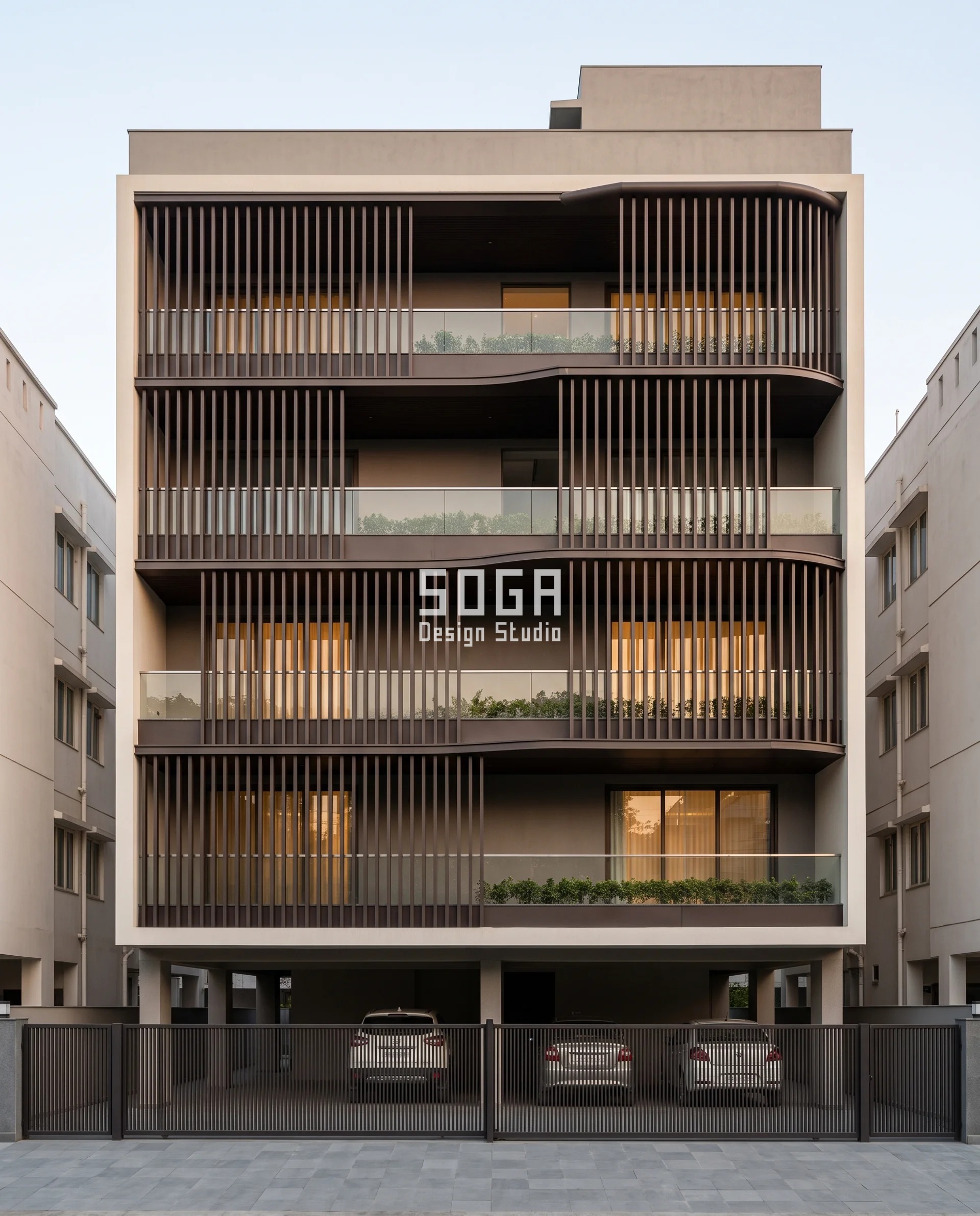 Espresso-brown vertical slats on a Kanpur residence with daylight showing straight through the gaps into the shadow behind, every wave course capped by a rail that rounds over - the detail behind a pigeon proof balcony without net.