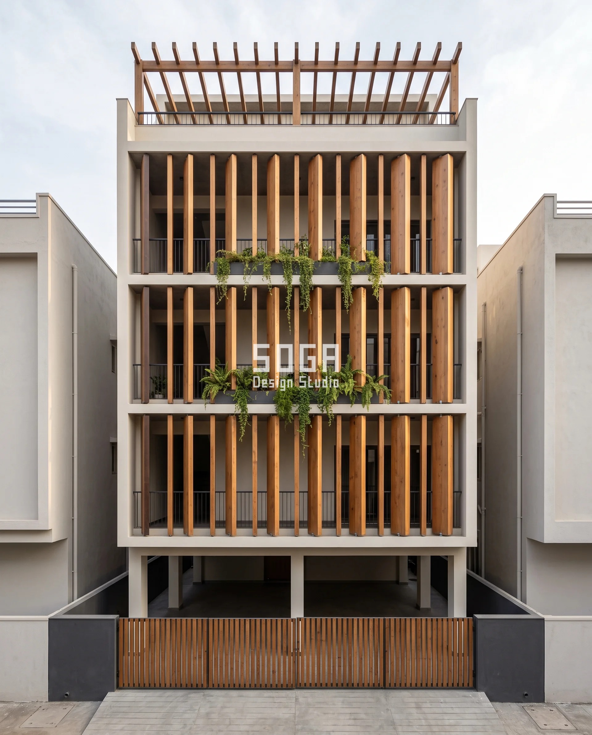 Tall narrow Warangal residence screened in plumb thermally modified eucalyptus blades, the machined nose bevel widening blade by blade into a bright timber sliver - chamfered edges that reduce sun glare at a living room window in India
