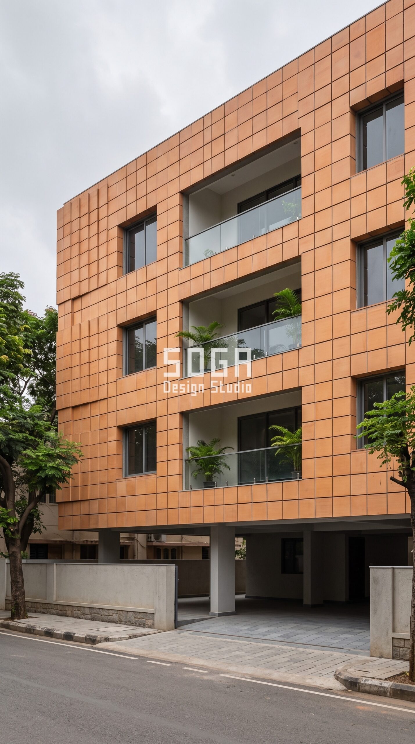 Clay Facade Design in India 2026: 5 Terracotta Concepts 2 Terracotta clay tile facade at three projection depths, G+3 building, Indiranagar Bangalore - SOGA Design Studio