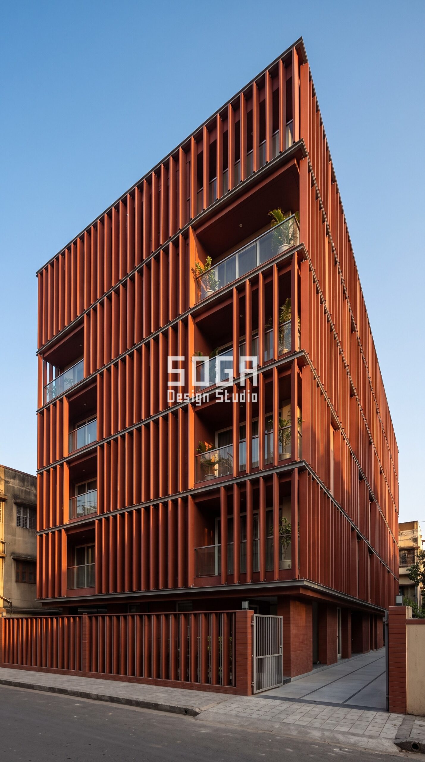 Clay Facade Design in India 2026: 5 Terracotta Concepts 3 Vertical terracotta clay fin facade on a narrow plot, G+5 building, Ballygunge Kolkata - SOGA Design Studio