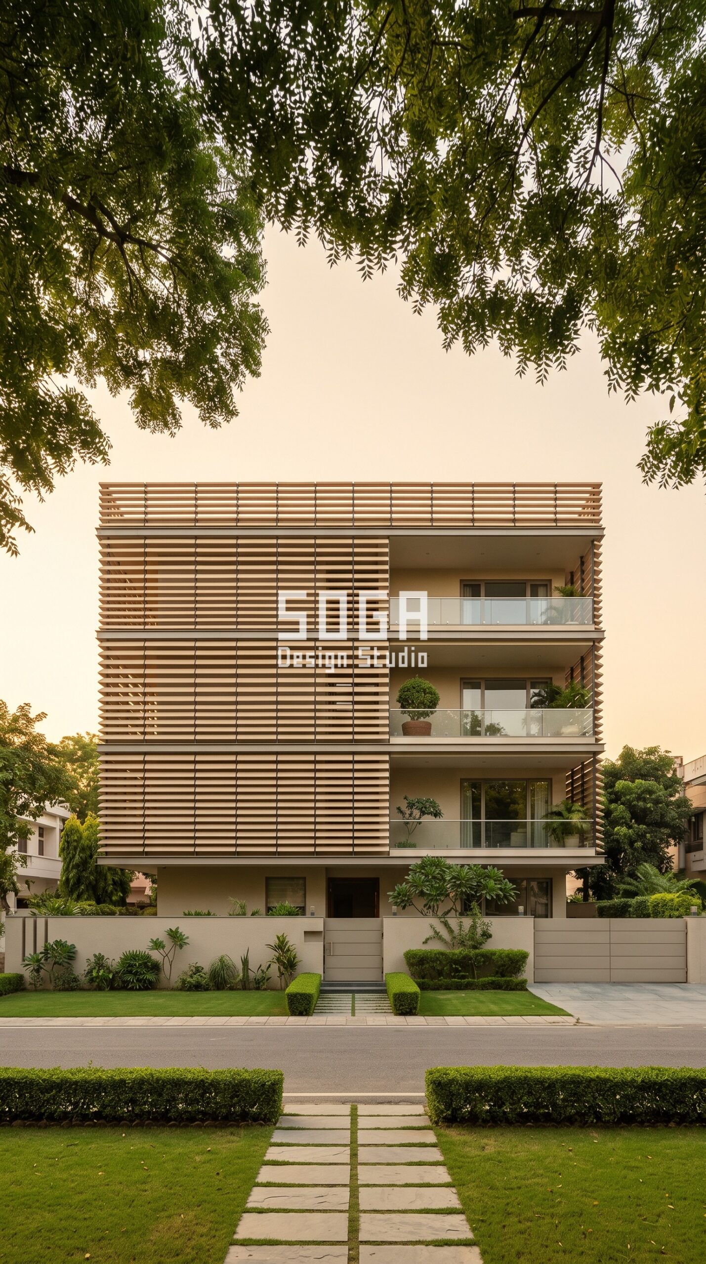 Clay Facade Design in India 2026: 5 Terracotta Concepts 4 Horizontal terracotta clay louvre facade, G+3 residential building, Gomti Nagar Lucknow - SOGA Design Studio