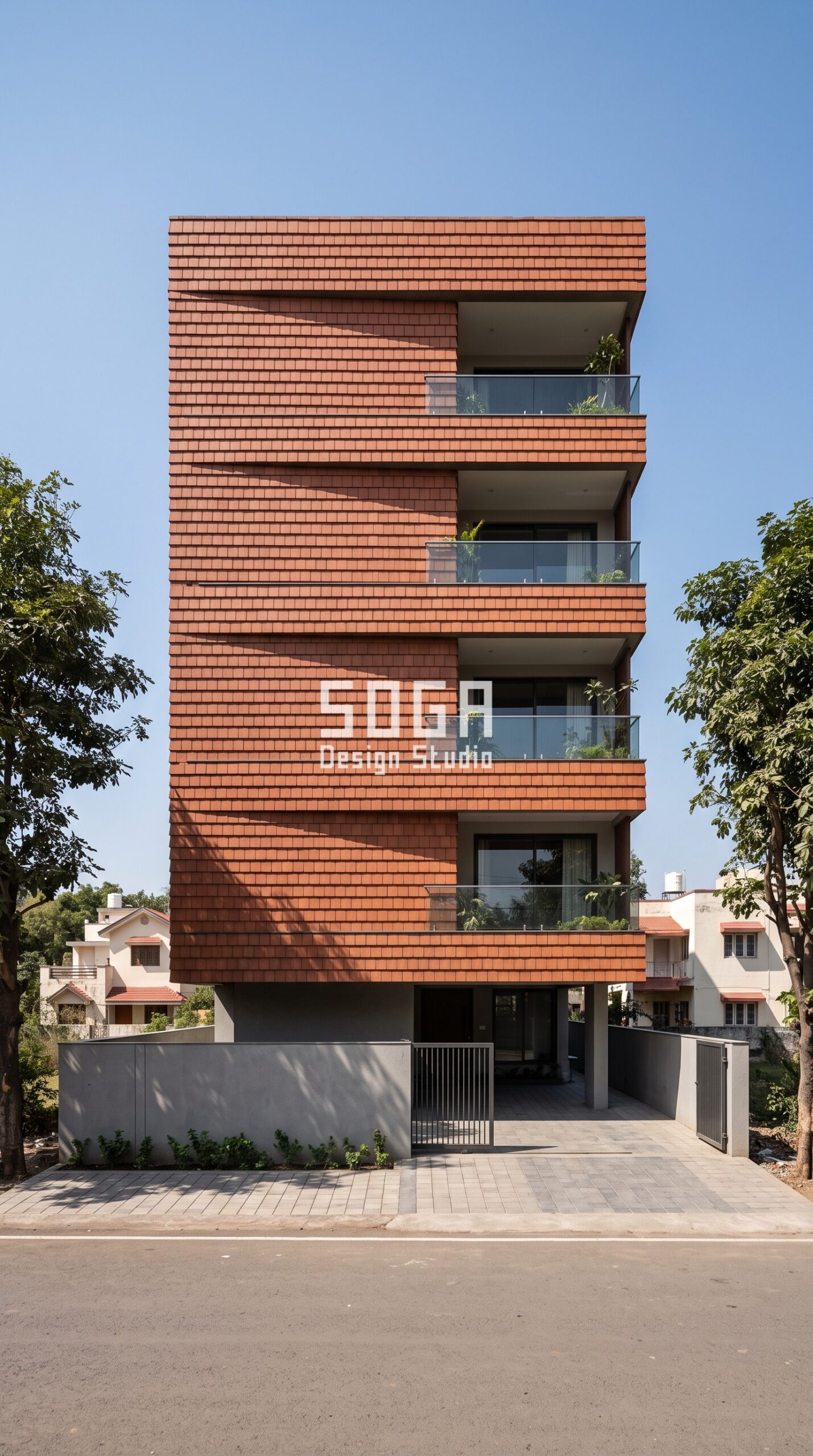 Clay Facade Design in India 2026: 5 Terracotta Concepts 5 Overlapping terracotta clay shingle facade, G+4 residential building, Vijay Nagar Indore - SOGA Design Studio