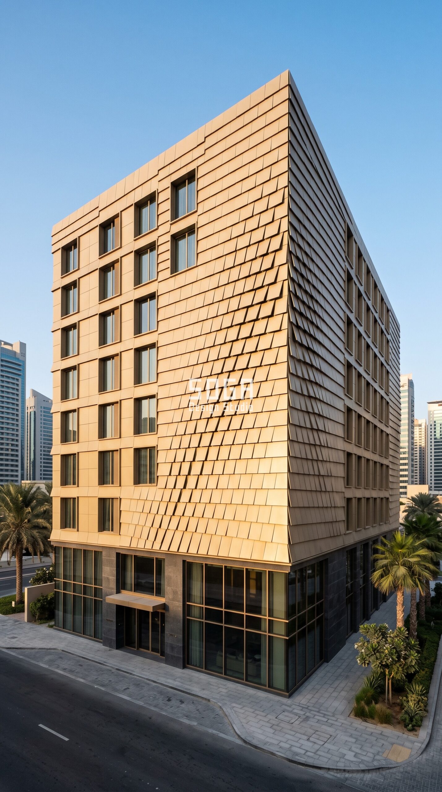 Commercial Facade Fire Safety: India, Dubai, Singapore 2026 4 Parametric Dune Shingle pearl-sand aluminium commercial facade Abu Dhabi - SOGA Design Studio