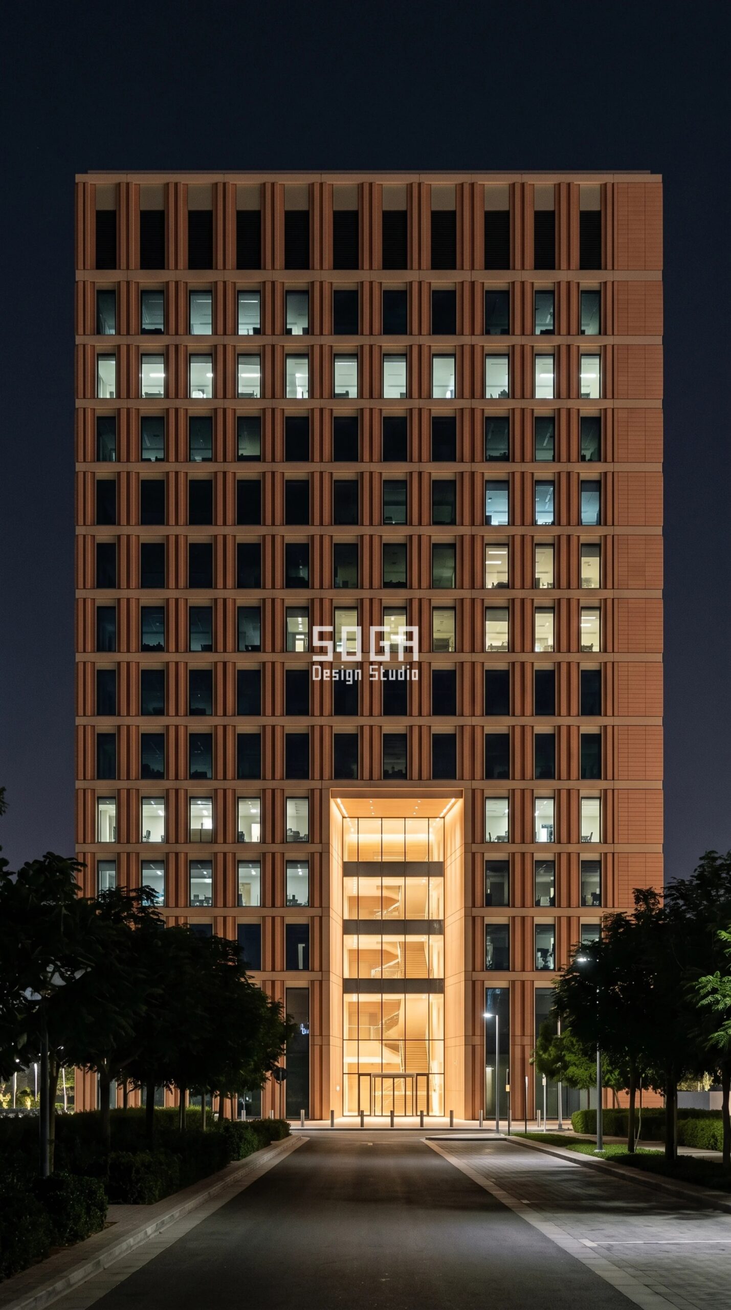 Commercial Facade Mockup Testing Cost: 4 Markets 2026 4 Parametric Return-Run Jamb Wrap desert-rose terracotta commercial facade on a G+16 Al Reem Island Abu Dhabi headquarters - SOGA Design Studio