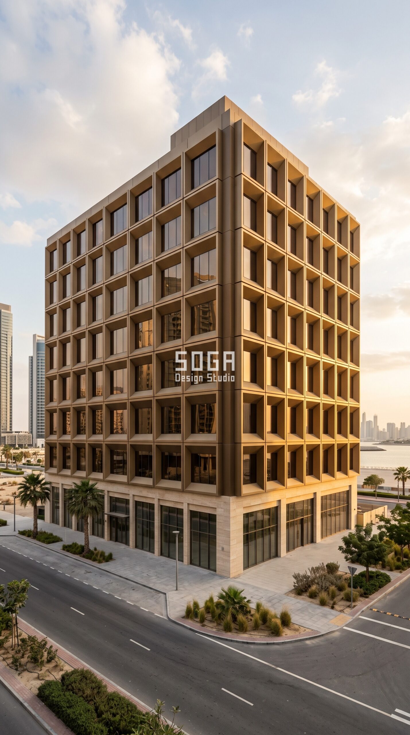 Parametric Coffer Grid sand-bronze anodised commercial facade Abu Dhabi - SOGA Design Studio