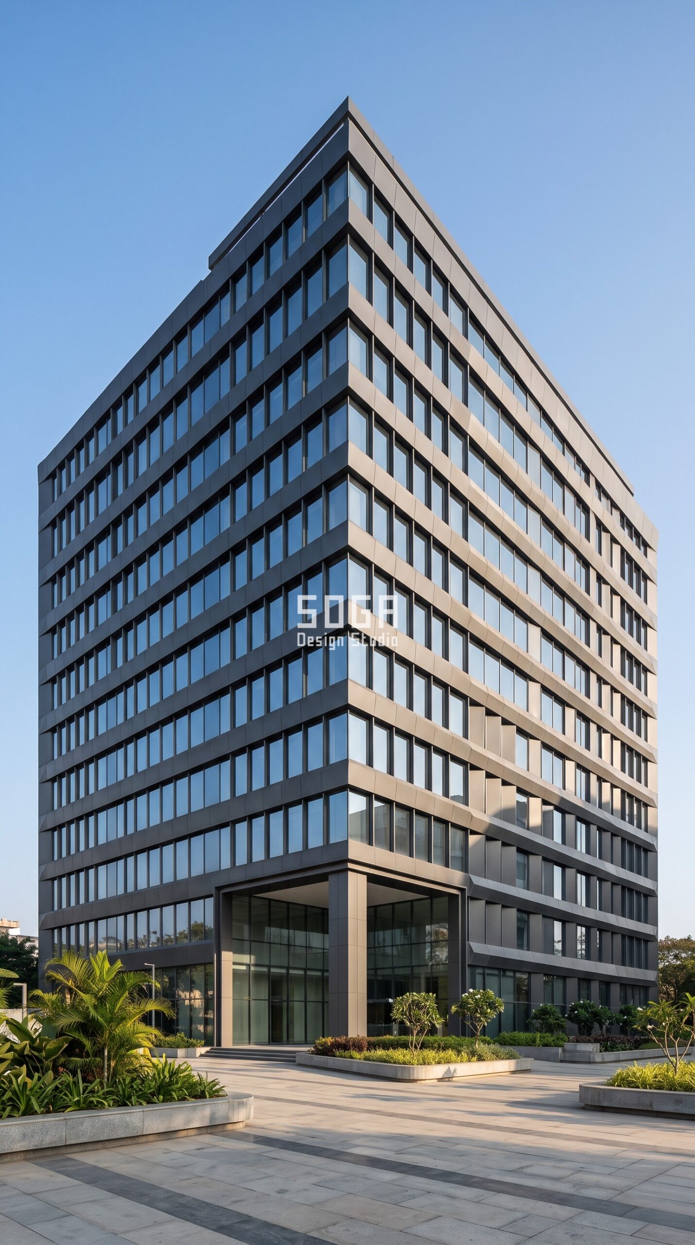 Parametric Chamfer Rail graphite anodised aluminium commercial facade Bangalore - SOGA Design Studio