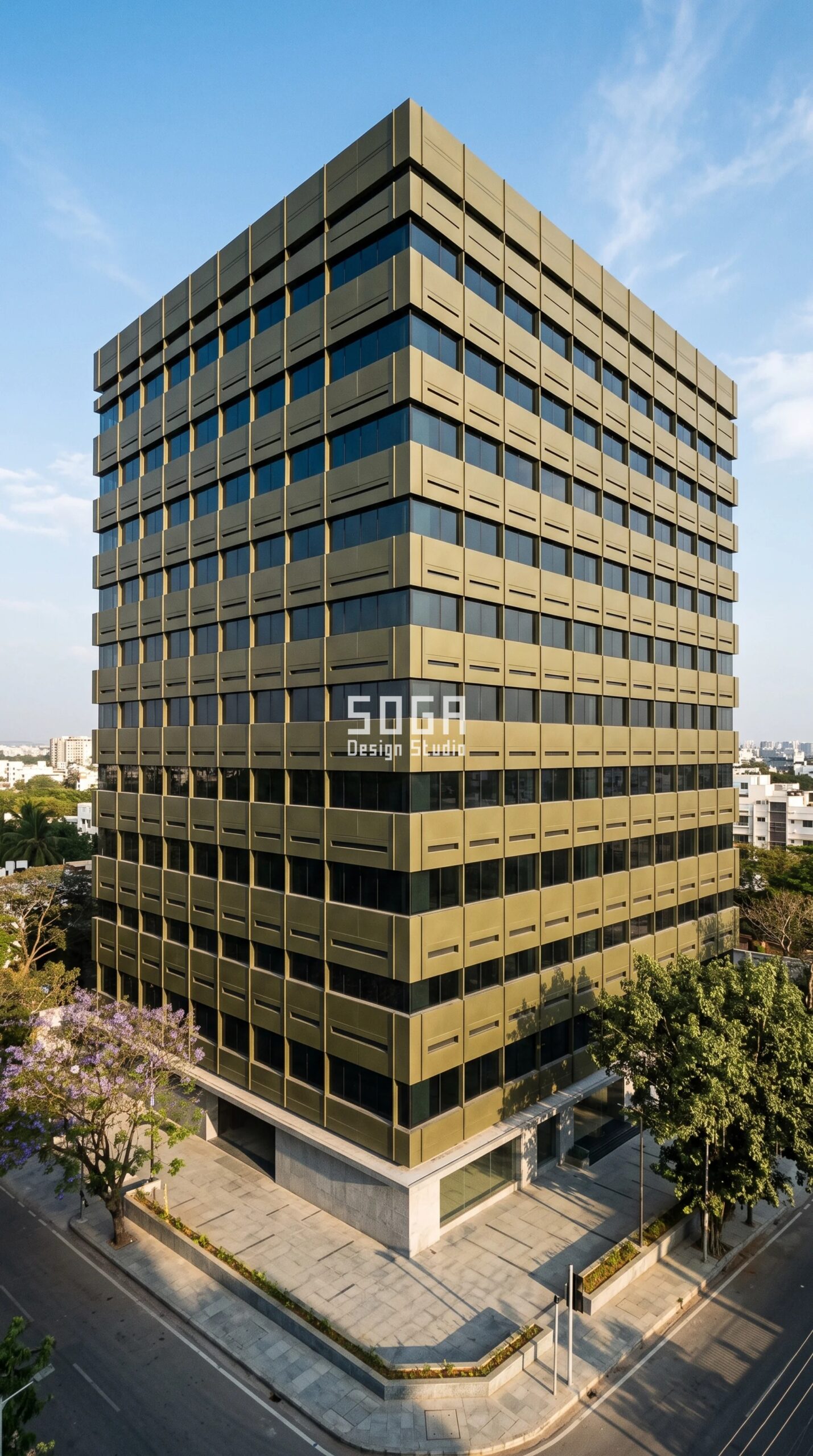 Commercial Facade Mockup Testing Cost: 4 Markets 2026 2 Parametric Notch Spandrel Bay olive-bronze metal commercial facade on a G+11 Bengaluru office tower - SOGA Design Studio