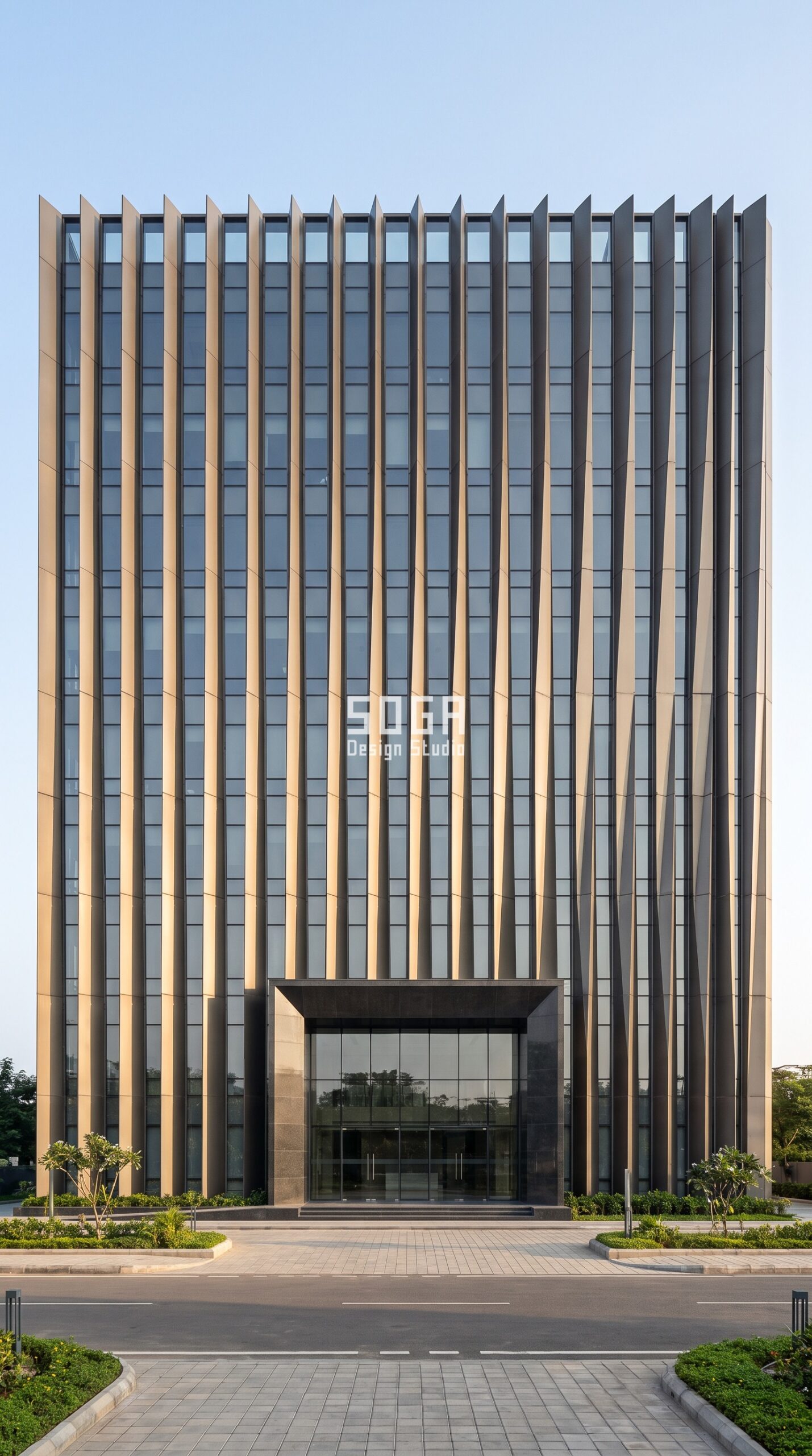 Parametric Keel Fin graphite-bronze anodised aluminium commercial facade Chennai - SOGA Design Studio