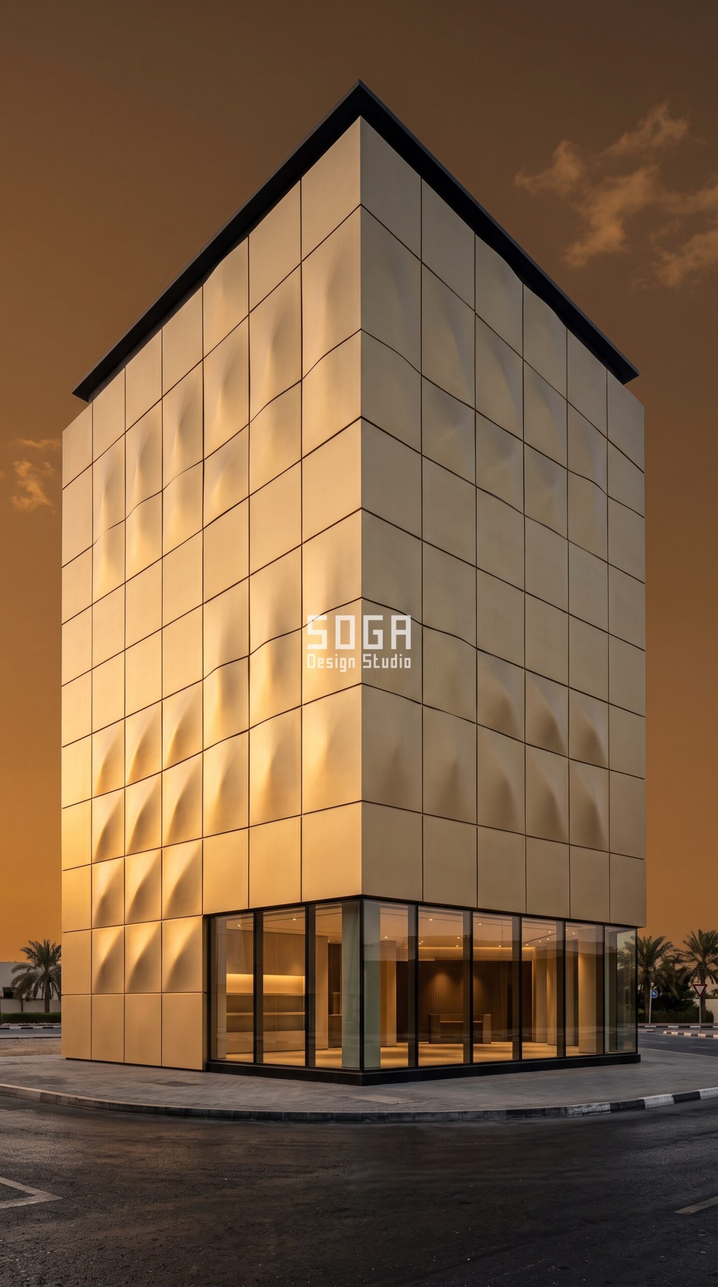Parametric Dune Cassette champagne-gold aluminium commercial facade Dubai - SOGA Design Studio