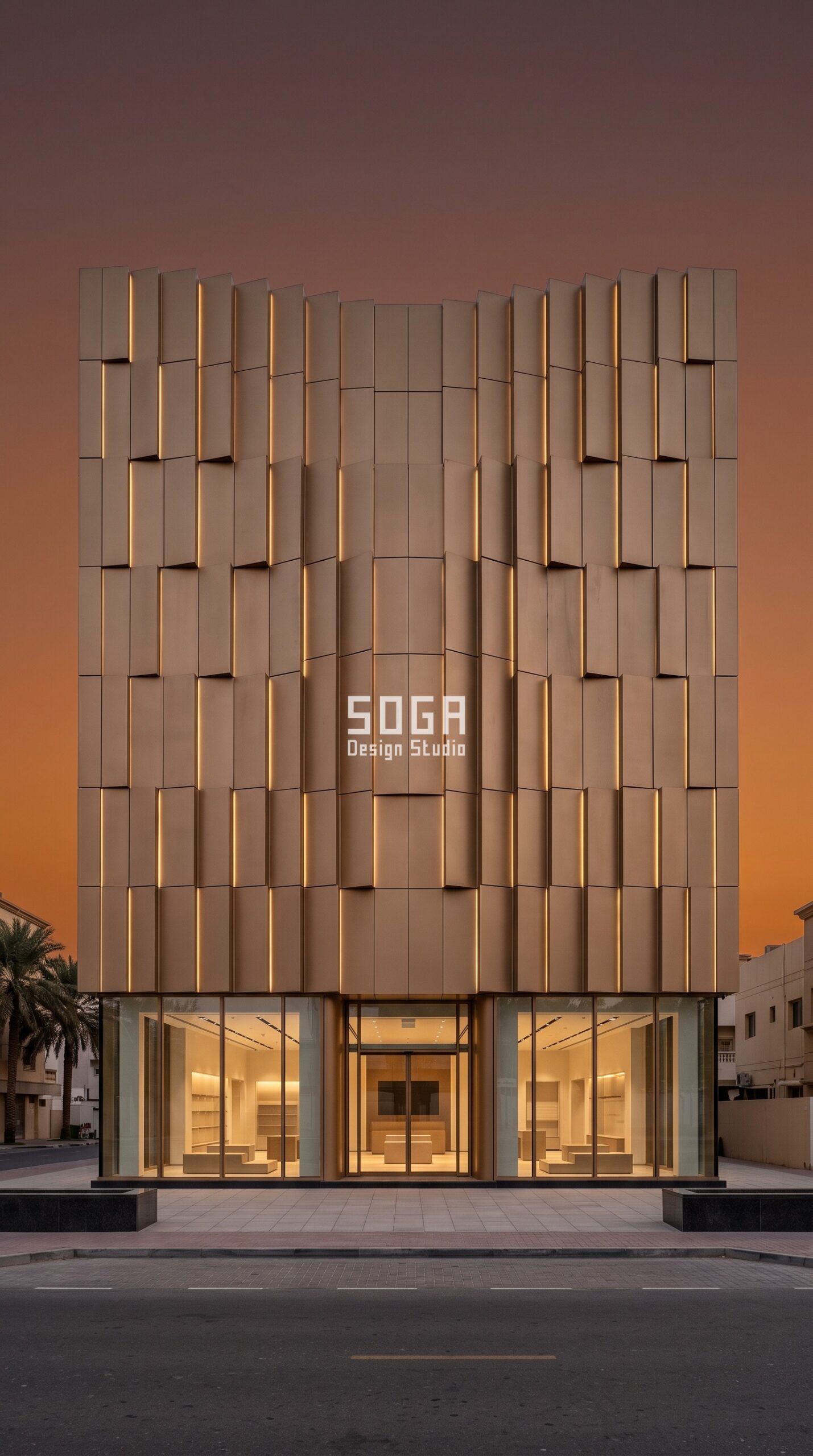 Commercial Facade Fire Safety: India, Dubai, Singapore 2026 2 Parametric Relief Cassette bronze aluminium commercial facade Dubai - SOGA Design Studio