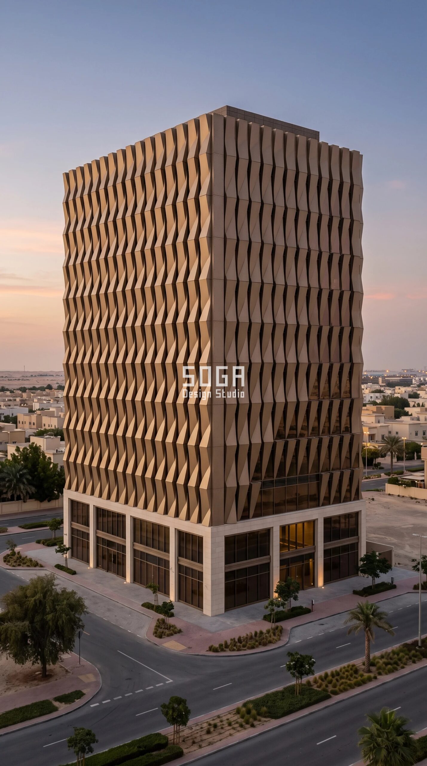 Parametric Dune-Shed Cassette Field sand-matte aluminium commercial facade Dubai - SOGA Design Studio