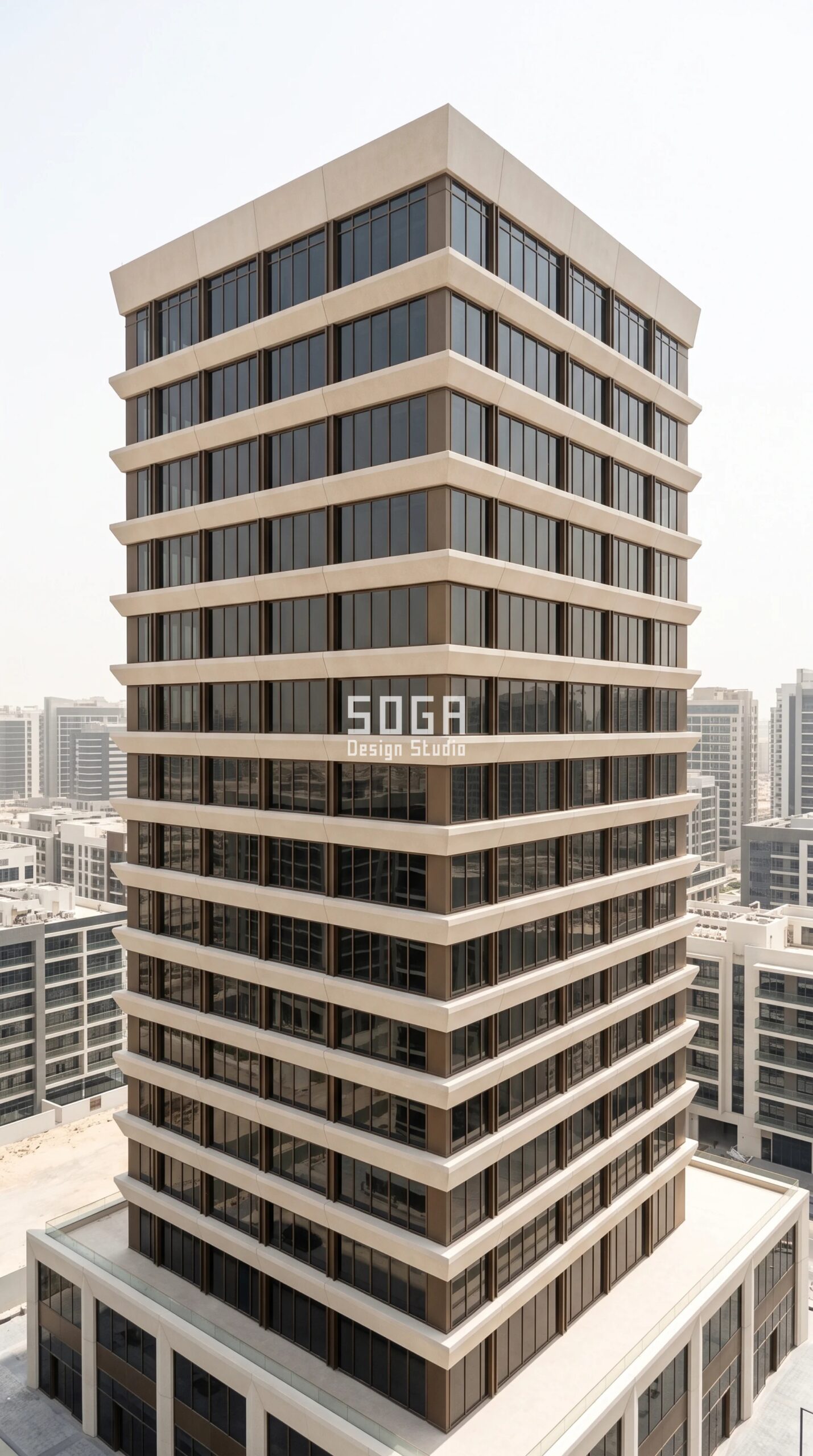 Commercial Facade Mockup Testing Cost: 4 Markets 2026 2 Parametric Chamfer Sill Array pearl-sand GRC commercial facade on a G+14 Business Bay Dubai mixed-use tower - SOGA Design Studio