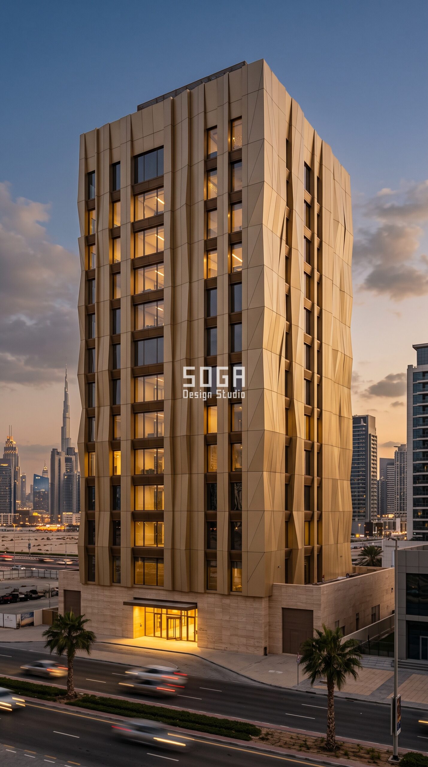 Parametric Sabre Fold champagne-gold aluminium commercial facade Dubai - SOGA Design Studio