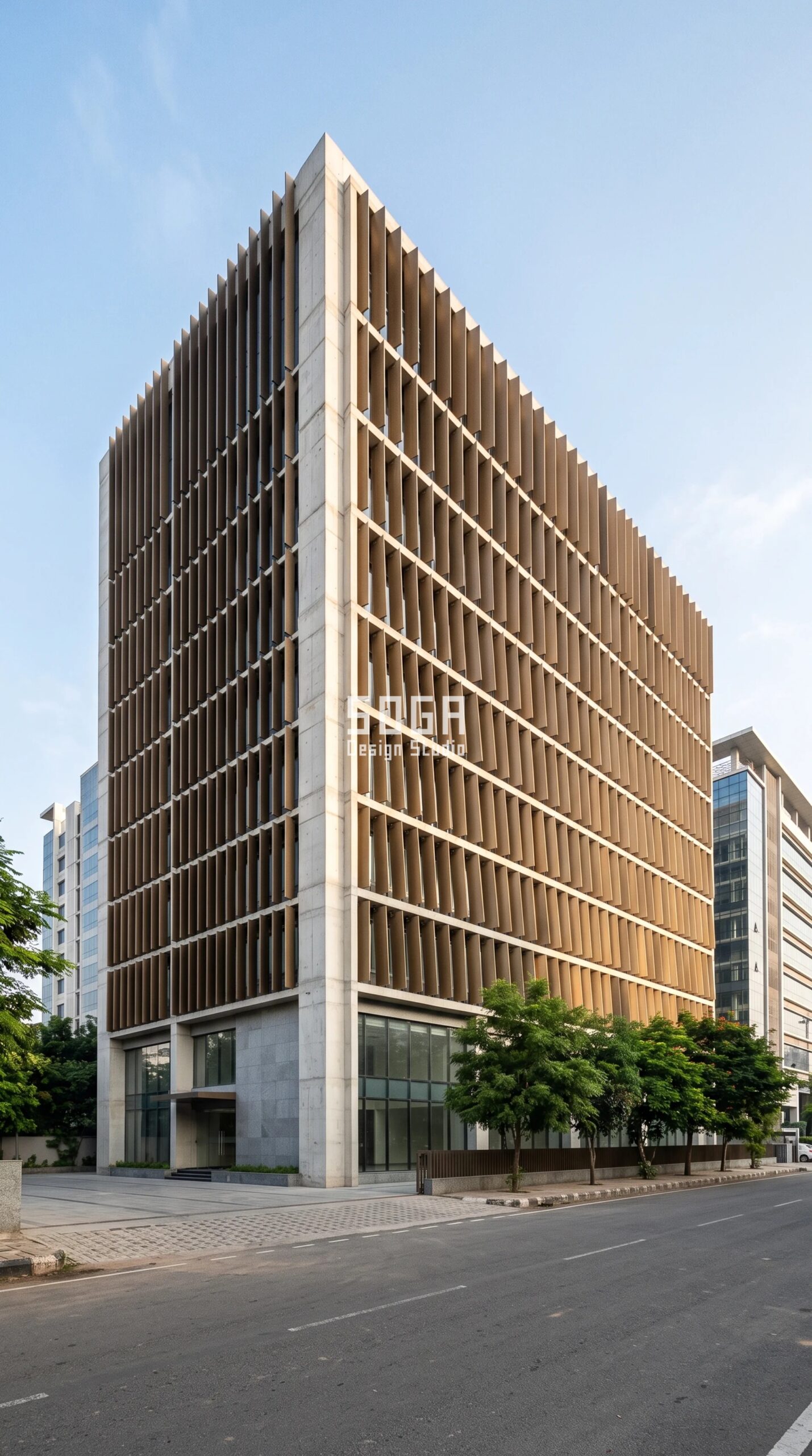 Facade Maintenance Cost: India, Dubai & Singapore 2026 5 Parametric Shed-Angle Fin Array bronze-anodised aluminium commercial facade Hyderabad - SOGA Design Studio
